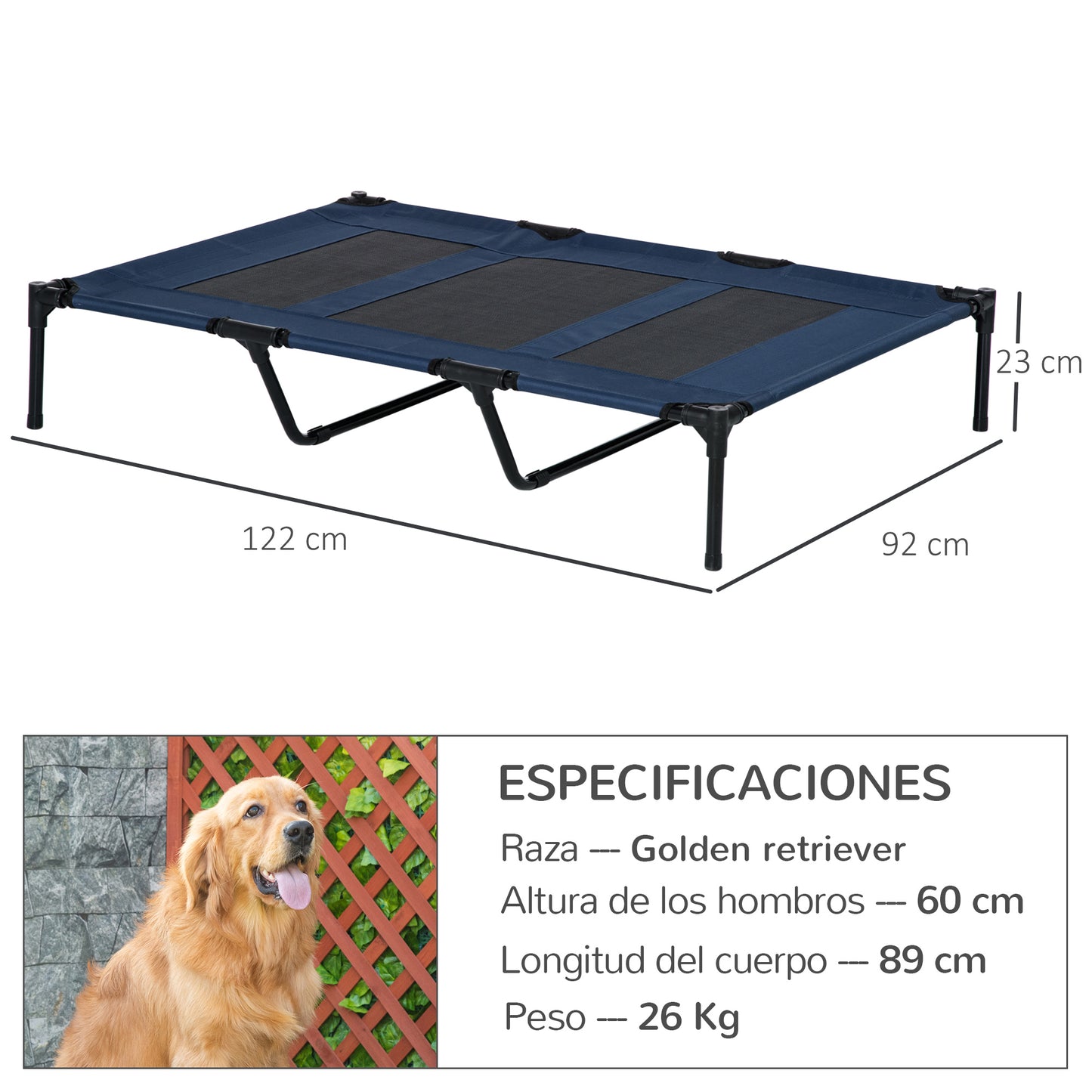 PawHut Cama Elevada para Perros Gatos Portátil Cama para Mascotas con Zona de Malla Transpirable y Tela Oxford para Interior Exterior 122x92x23 cm Azul