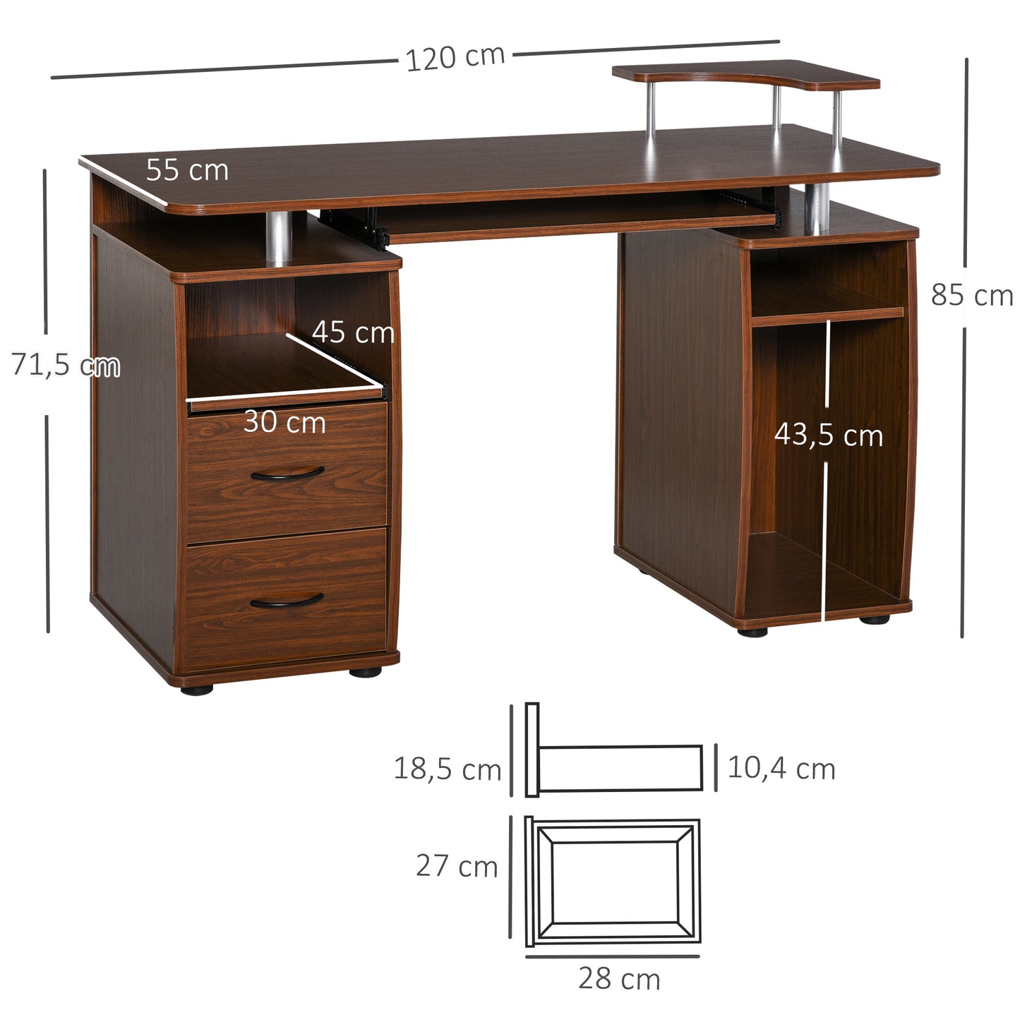 HOMCOM Mesa de Ordenador PC 120 cm Mesa Escritorio de Oficina con Múltiples Estantes 2 Cajones Bandeja de Teclado y Soportes para Monitor CPU 120x55x85 cm Marrón