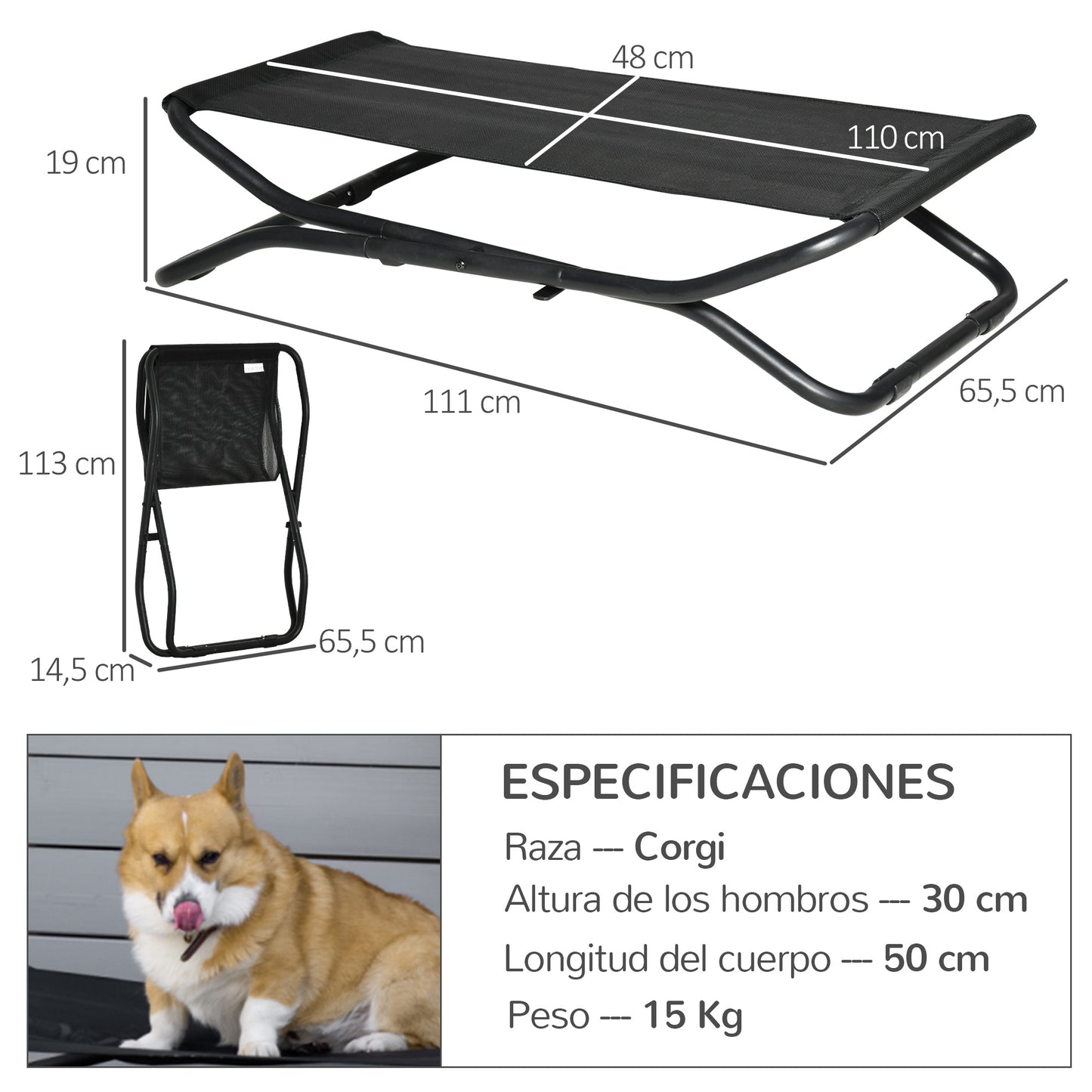 PawHut Cama Elevada para Perros Plegable Cama para Mascotas Pequeños Medianos con Tela de Malla Transpirable Marco de Acero para Interior Exterior 111x65,5x19 cm Negro