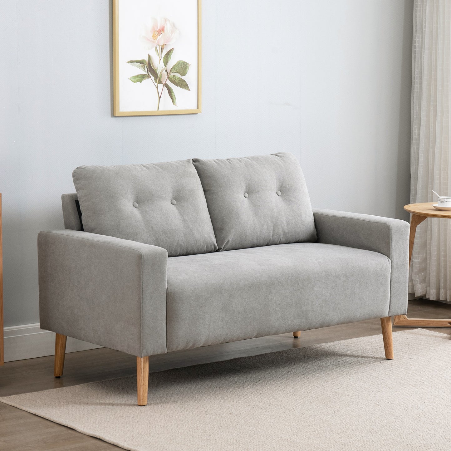 HOMCOM Sofá de 2 Plazas Sillón Moderno Tapizado en Poliéster con 2 Cojines Reposabrazos y Patas de Madera de Caucho para Dormitorio Oficina 145x76x88 cm Gris