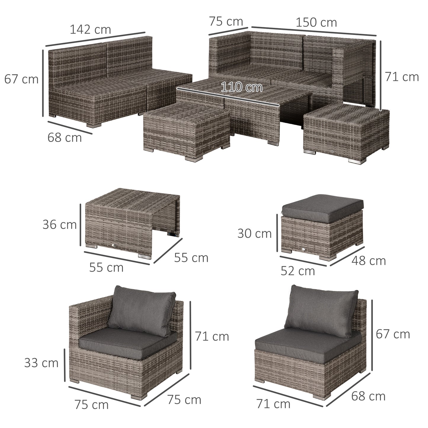 Outsunny Conjunto de Muebles de Jardín 8 Piezas de Ratán Convertible con 2 Mesas de Centro 2 Sofás esquineros 2 Sillones 2 Taburetes con Cojines para Patio Porche Terraza Gris