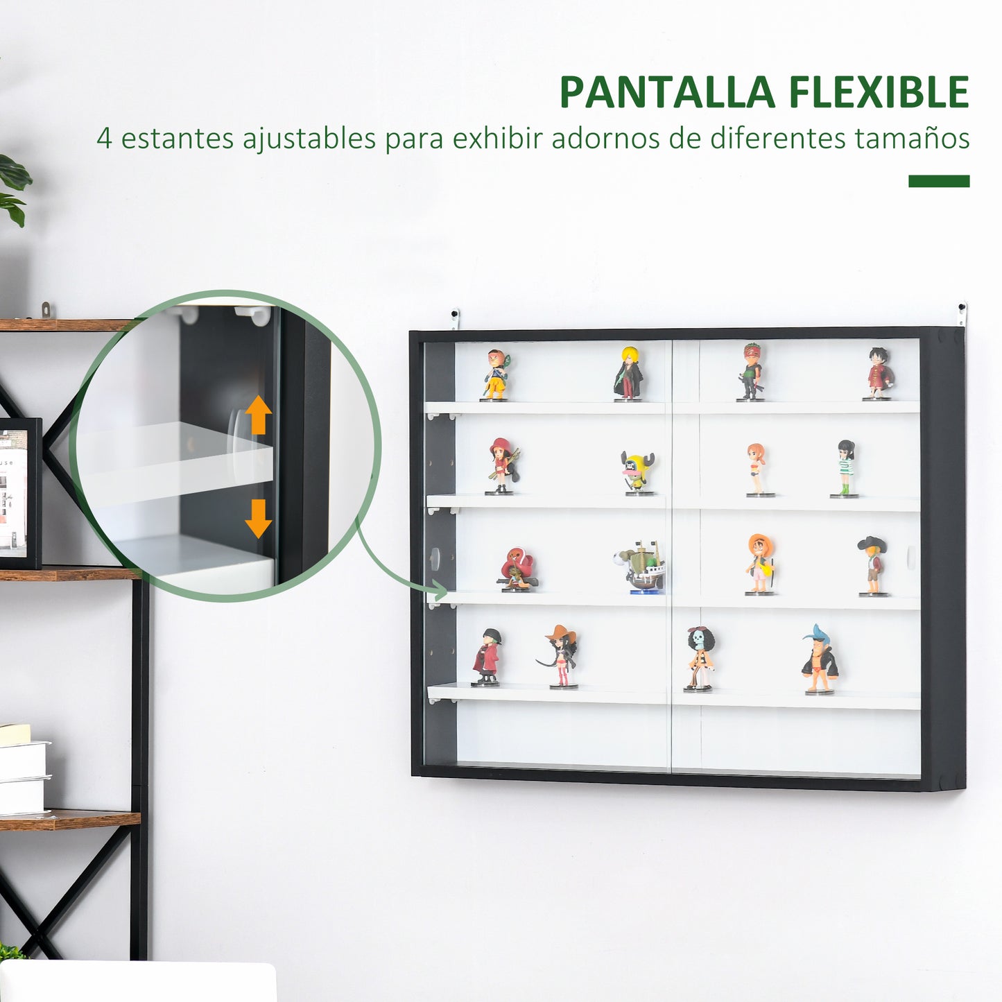 HOMCOM Vitrina Expositora Vitrina de Pared Vitrina de Cristal con Estantes Ajustables y 2 Puertas Correderas de Vidrio para Colecciones Perfumes Figuras de Decoración 80x9,5x60 cm Blanco y Negro