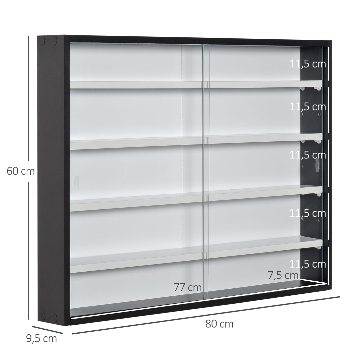 HOMCOM Vitrina Expositora Vitrina de Pared Vitrina de Cristal con Estantes Ajustables y 2 Puertas Correderas de Vidrio para Colecciones Perfumes Figuras de Decoración 80x9,5x60 cm Blanco y Negro