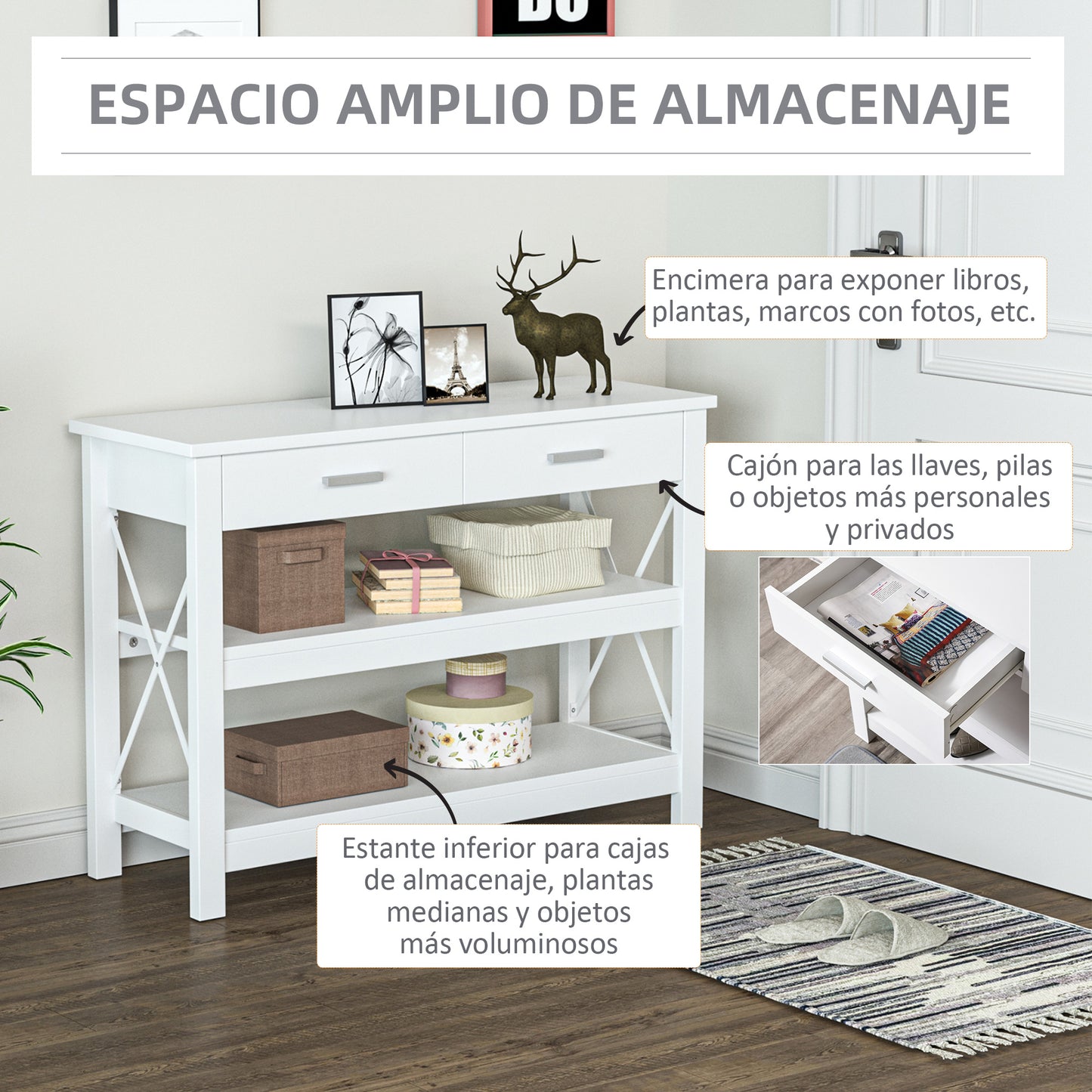 HOMCOM Mesa Consola Mesa de Recibidor Entrada con 2 Cajones y Estantes Inferiores Estilo Moderno Marco Metálico 105x40x76 cm Blanco