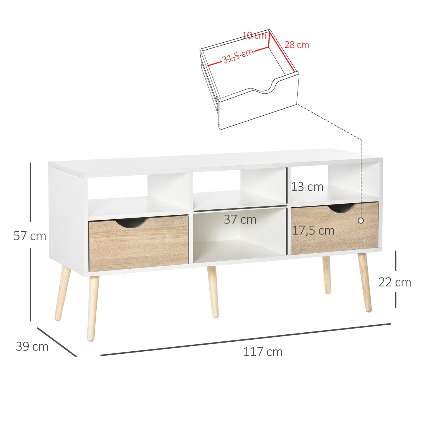 HOMCOM Mueble de TV para Televisiones 50”Mesa para TV de Salón Comedor Moderna con 2 Cajones y 4 Compartimentos Patas de Madera Antivuelco 117x39x57 cm Blanco y Madera Natural