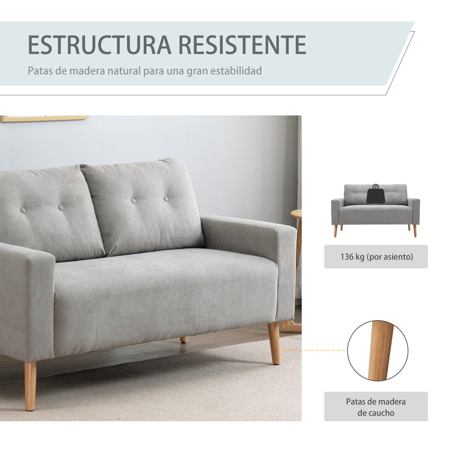 HOMCOM Sofá de 2 Plazas Sillón Moderno Tapizado en Poliéster con 2 Cojines Reposabrazos y Patas de Madera de Caucho para Dormitorio Oficina 145x76x88 cm Gris