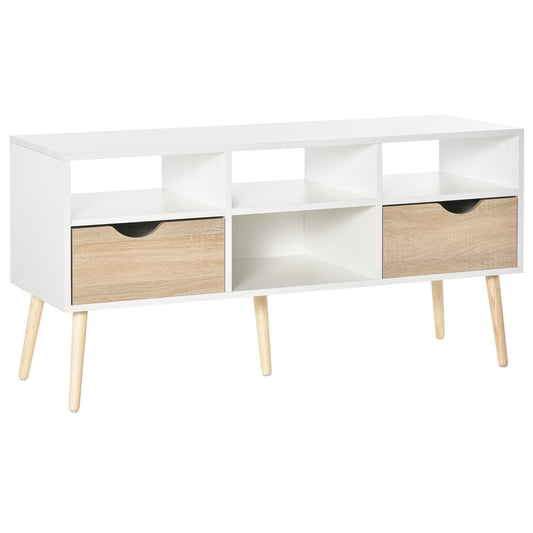 HOMCOM Mueble de TV para Televisiones 50”Mesa para TV de Salón Comedor Moderna con 2 Cajones y 4 Compartimentos Patas de Madera Antivuelco 117x39x57 cm Blanco y Madera Natural