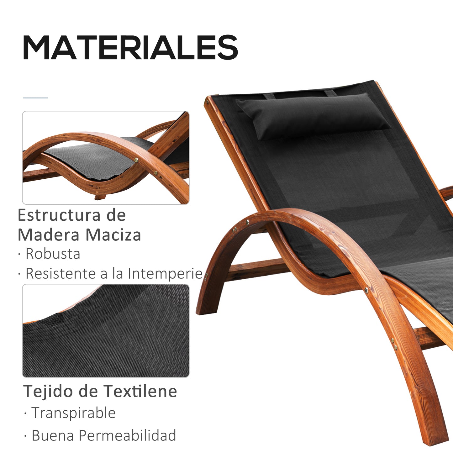 Outsunny Tumbona Hamaca 161x72x68cm Jardin Terraza Playa Piscina Patio Hotel Madera Negro