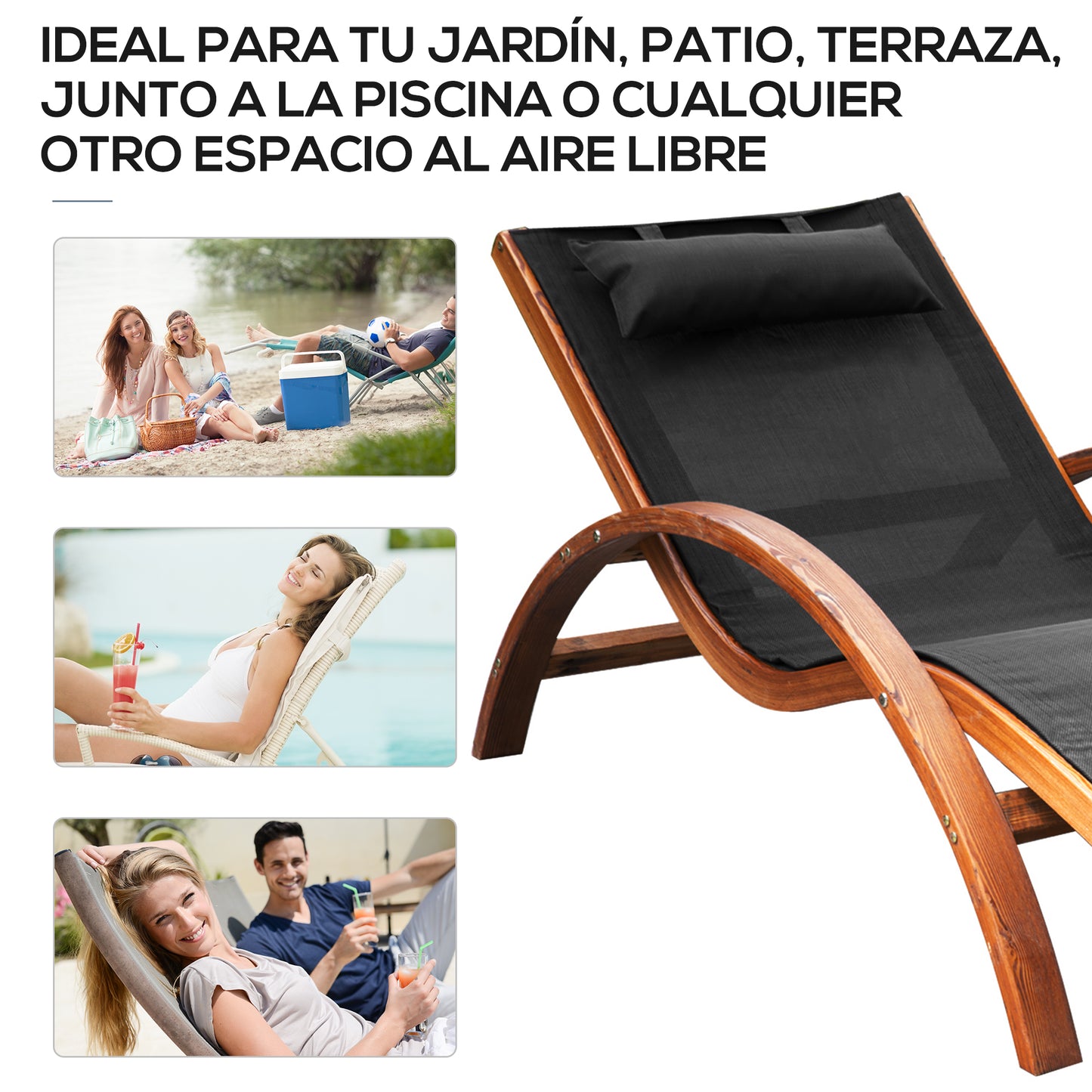 Outsunny Tumbona Hamaca 161x72x68cm Jardin Terraza Playa Piscina Patio Hotel Madera Negro