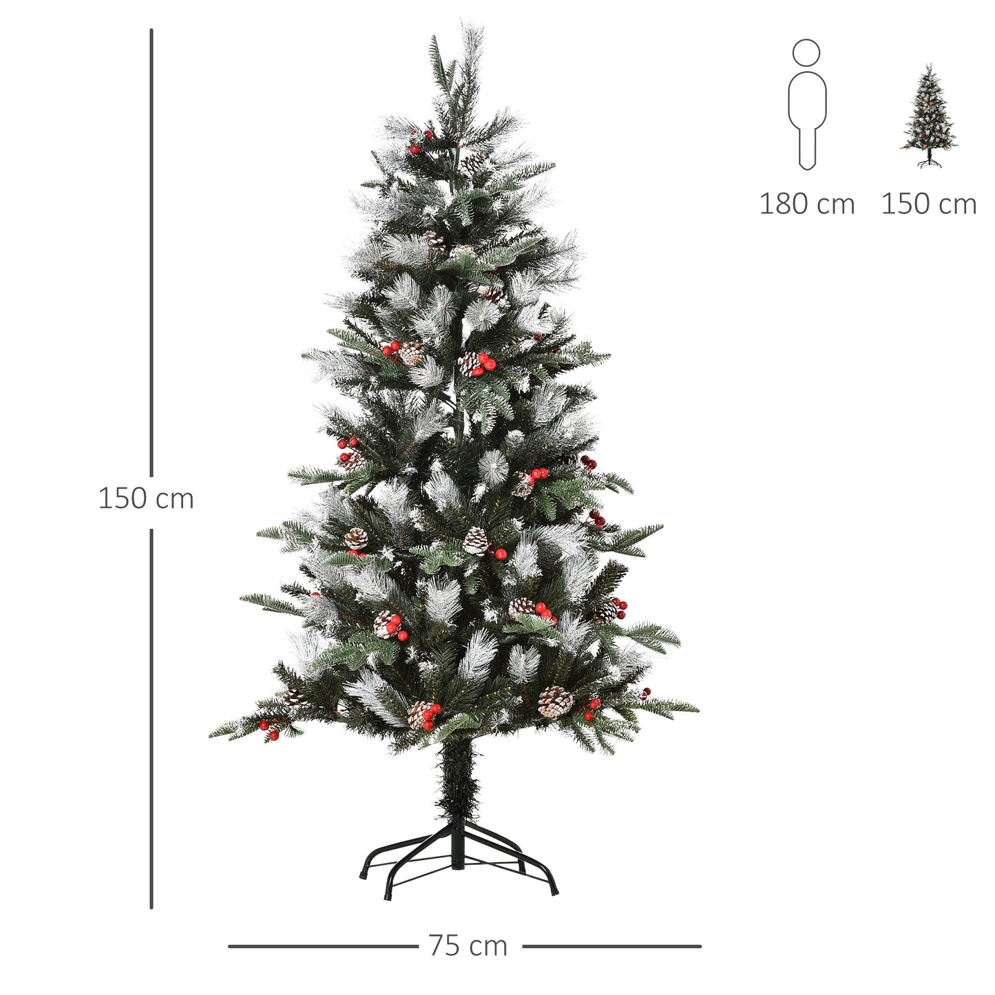 HOMCOM Árbol de Navidad Artificial 150 cm con 440 Ramas 39 Piñas y 39 Bayas Hojas de PVC PE Base Plegable y Soporte Metálico Decoración Navideña para Interiores Verde