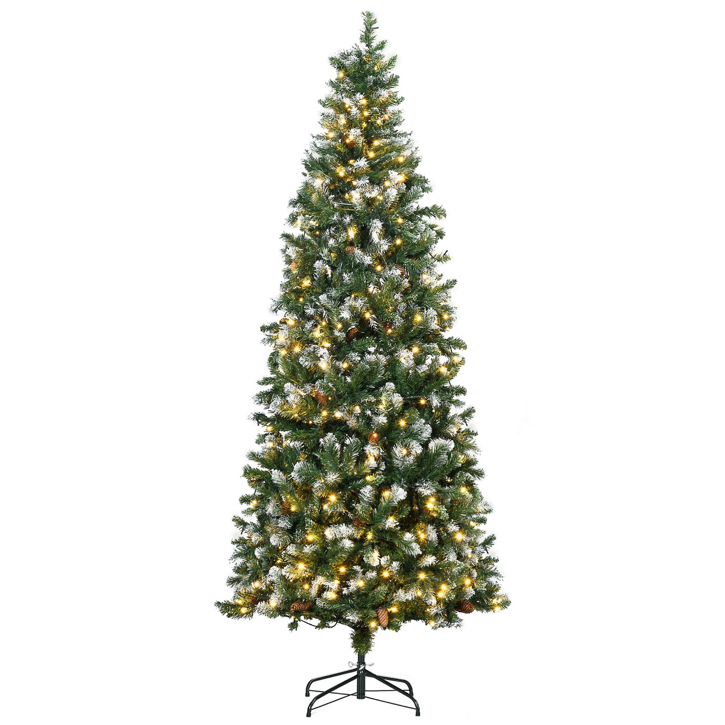 HOMCOM Árbol de Navidad Artificial con Luces LED Altura 230 cm Árbol de Navidad Estrecho con 1051 Ramas 45 Piñas y Polvo Brillante Base Plegable Ø100x230 cm Verde