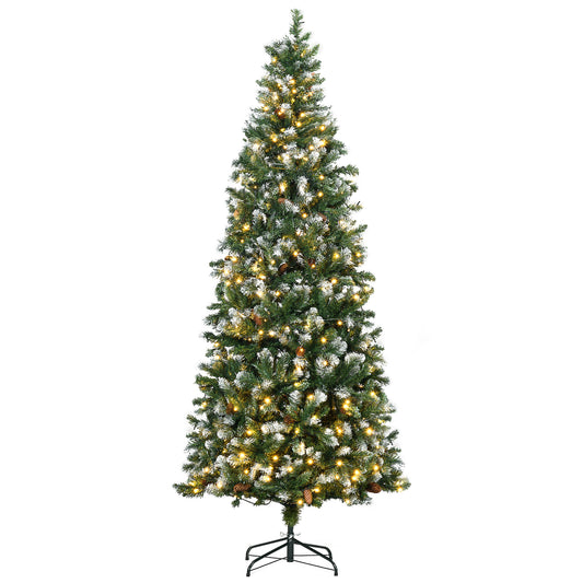 HOMCOM Árbol de Navidad Artificial con Luces LED Altura 230 cm Árbol de Navidad Estrecho con 1051 Ramas 45 Piñas y Polvo Brillante Base Plegable Ø100x230 cm Verde