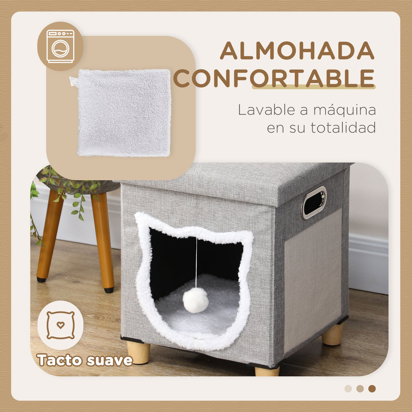 PawHut Cama Cueva de Gatos 2 en 1 Casa para Gatos Interior Tipo Reposapiés con Cojín Extraíble Bola Colgante y Almohadilla para Rascar 35,5x35,5x42,5 cm Gris