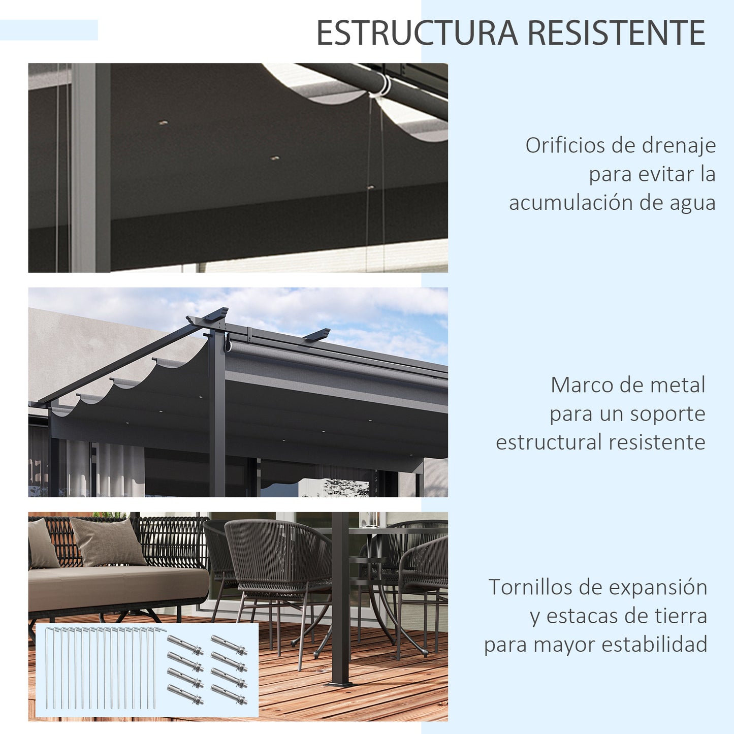 Outsunny Pérgola de Jardín 4x3 m Cenador para Exterior con Techo Retráctil 4 Cortinas Enrollables de Poliéster y Marco de Metal para Patio Terraza Gris Oscuro