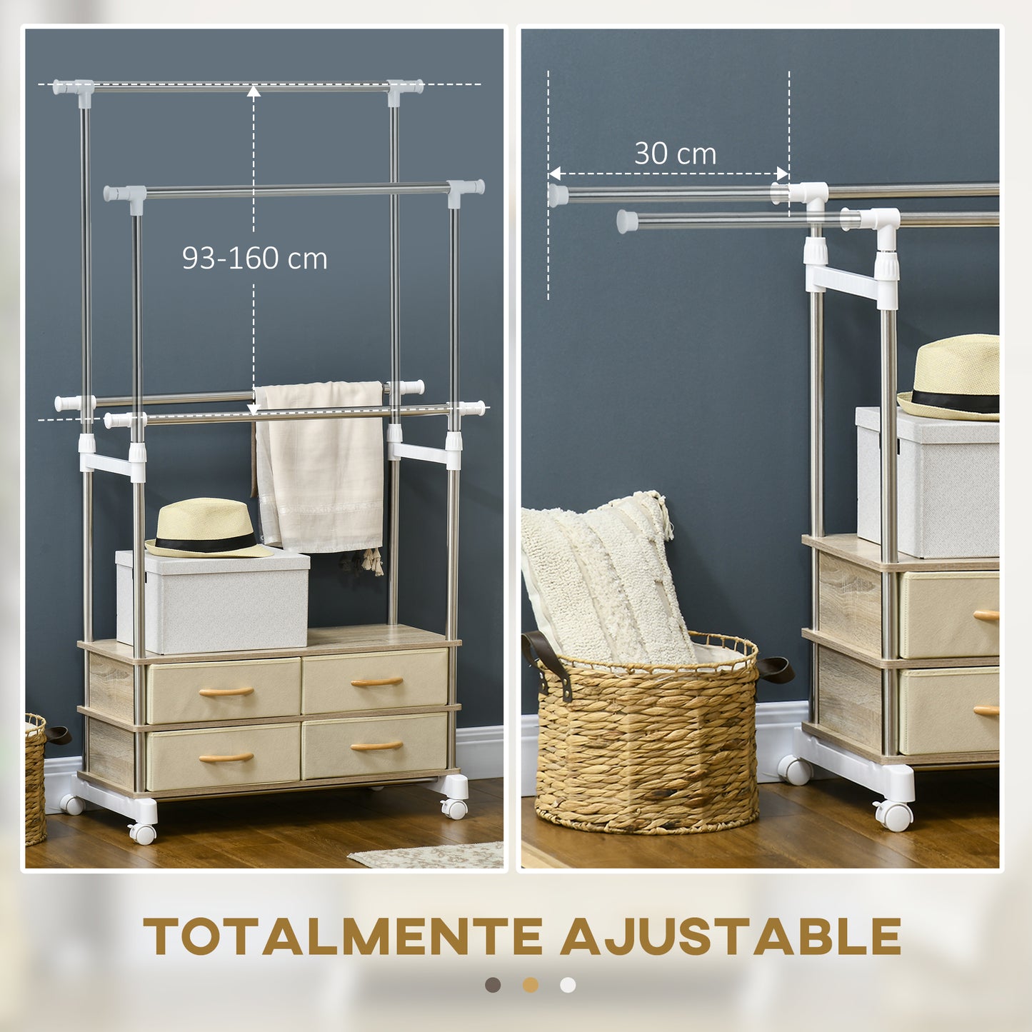 HOMCOM Burro Ropa con Ruedas Perchero de Ropa Altura Regulable con 4 Cajones de Tela y Barras Extensible para Sala Dormitorio Pasillo 88-148x42x93-160 cm Beige