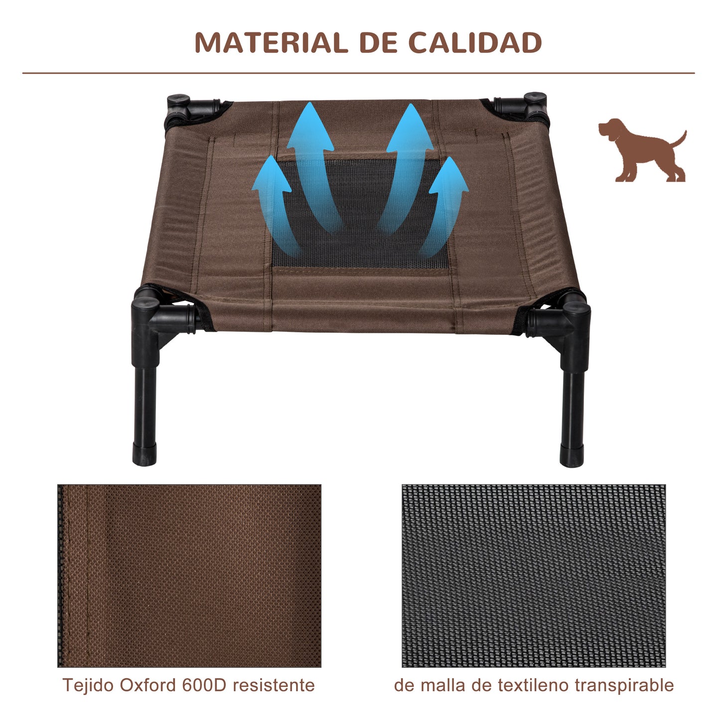 PawHut Cama Elevada para Perros Gatos Portátil Cama para Mascotas con Zona de Malla Transpirable y Tela Oxford para Interior Exterior 61x46x18 cm Marrón