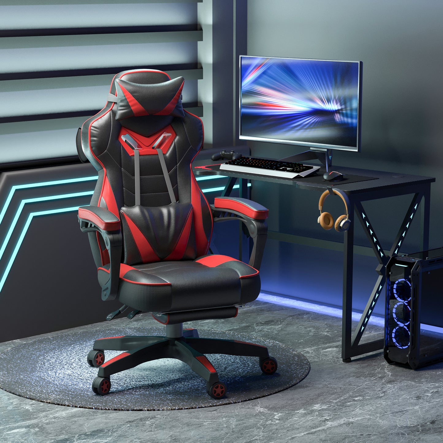 Vinsetto Silla Gaming Ergonómica Silla de Escritorio de Oficina Regulable en Altura Reclinable Respaldo con Reposapiés Reposacabezas Cojín Lumbar Ruedas 65x70x118,5-128,5 cm Rojo