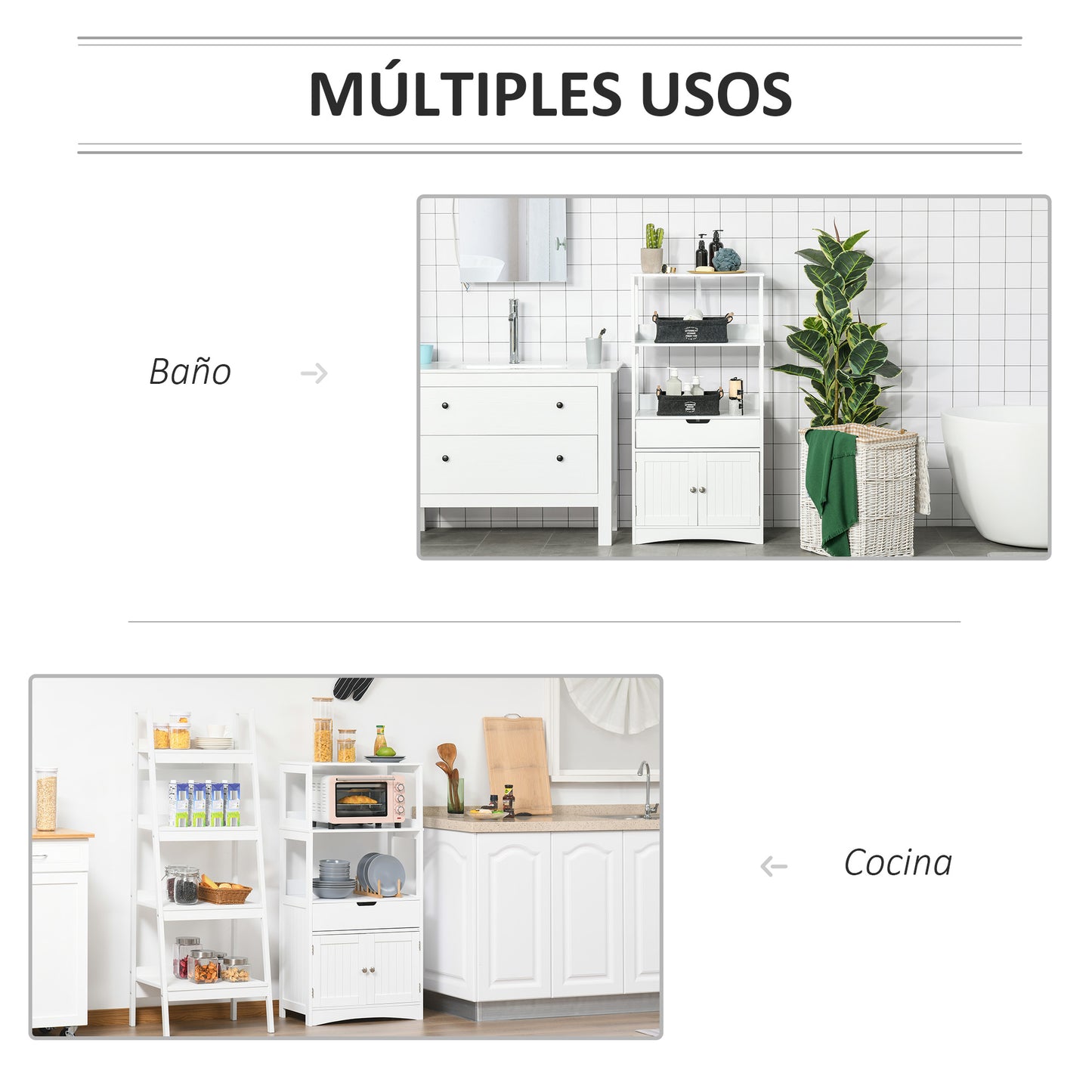 kleankin Armario de Baño con 3 Estantes Cajón y 2 Puertas Mueble de Almacenamiento de Suelo Moderno para Cocina Dormitorio Salón 60x33x122,5 cm Blanco