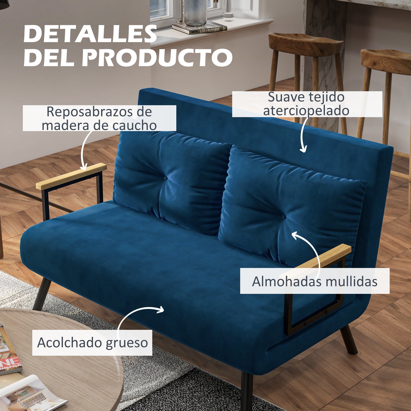 HOMCOM Sofá Cama Convertible Triple Pliegue Sofá Cama de 2 Plazas Plegable con Respaldo Ajustable de 5 Niveles y 2 Almohadas Acolchadas para Oficina Dormitorio Salón 102x73x81 cm Azul