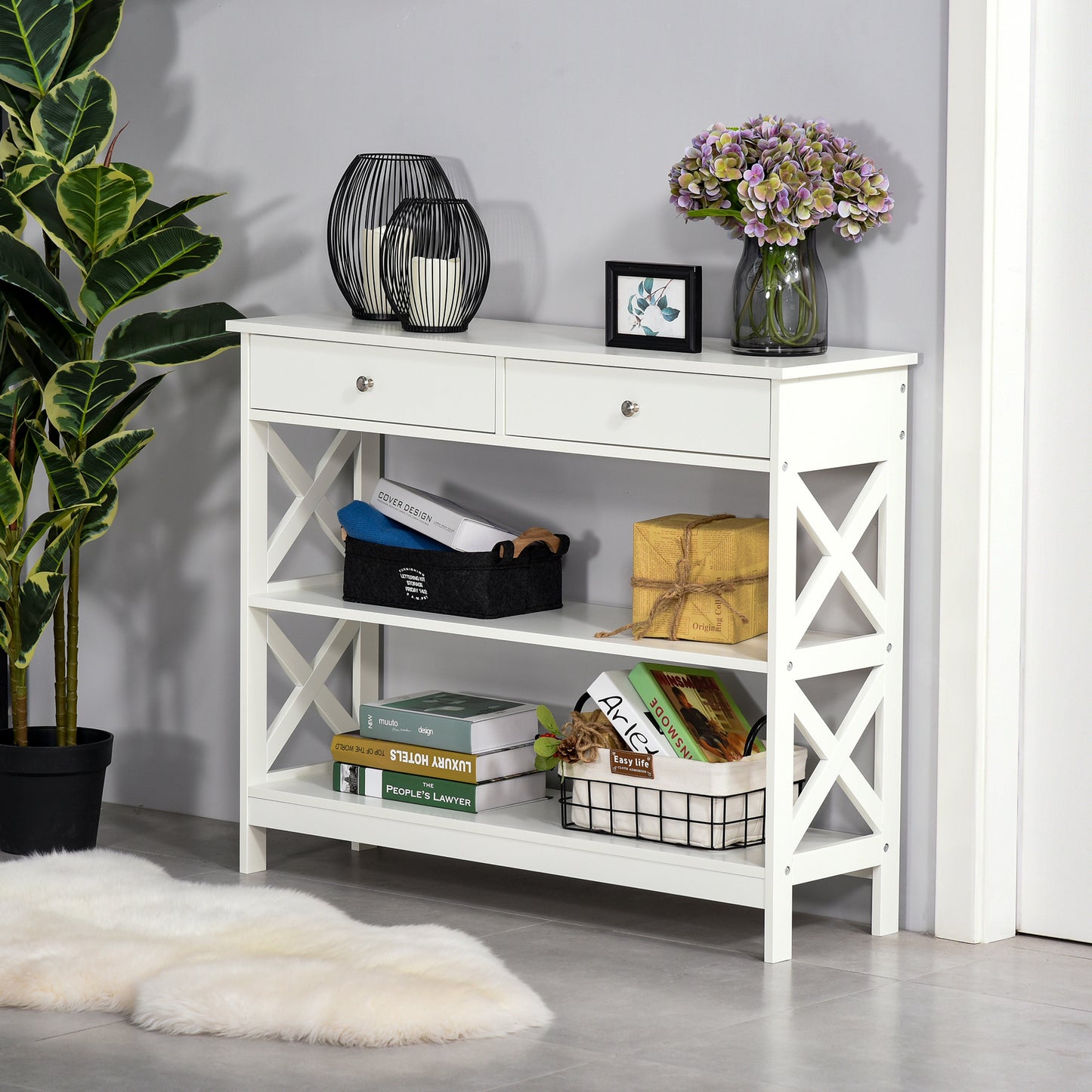 HOMCOM Mesa Consola de Entrada Recibidor con 2 Cajones y 2 Estantes Inferiores Mueble Moderno Base Elevada Antivuelco 100x30,5x80 cm Blanco