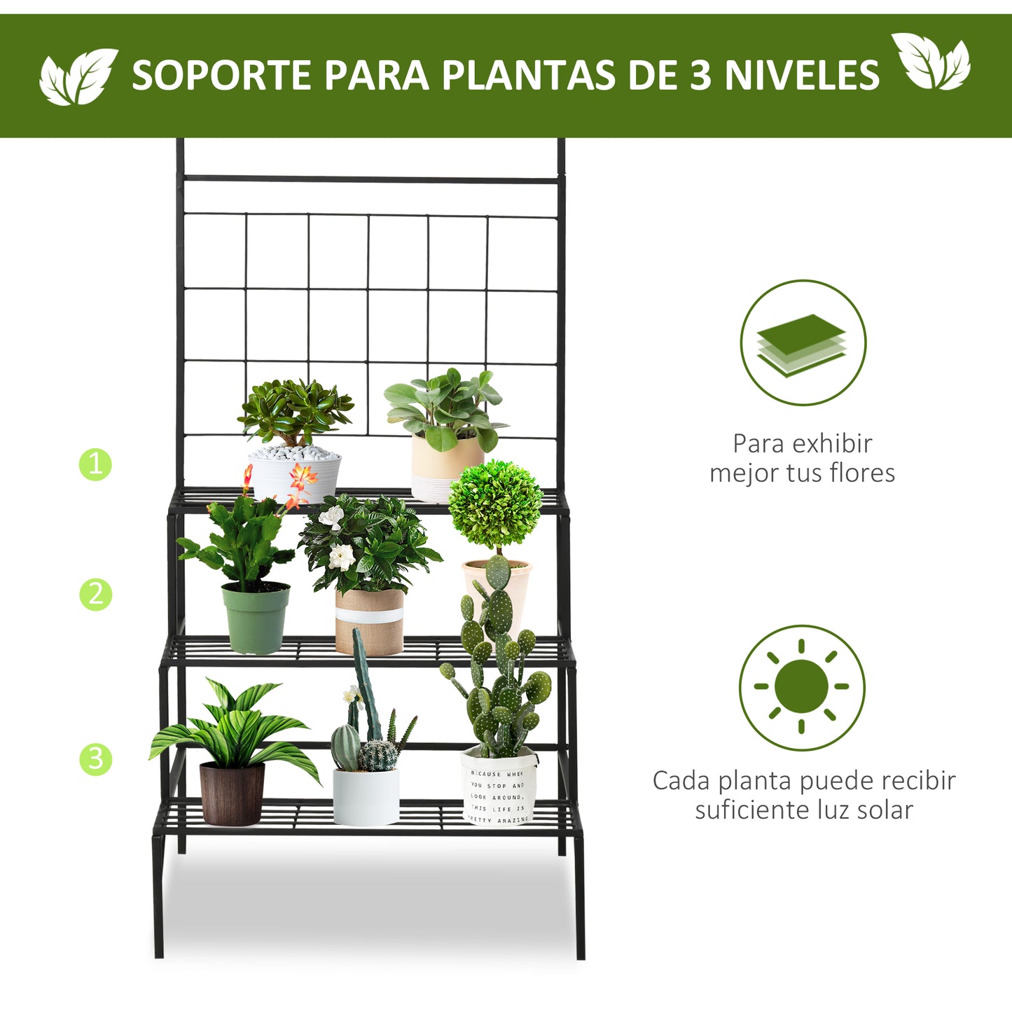 Outsunny Soporte para Plantas con Enrejado de Metal Estantería para Macetas Trepadoras con 3 Estantes para Exteriores Jardín Balcón 60x53,5x159,5 cm Negro