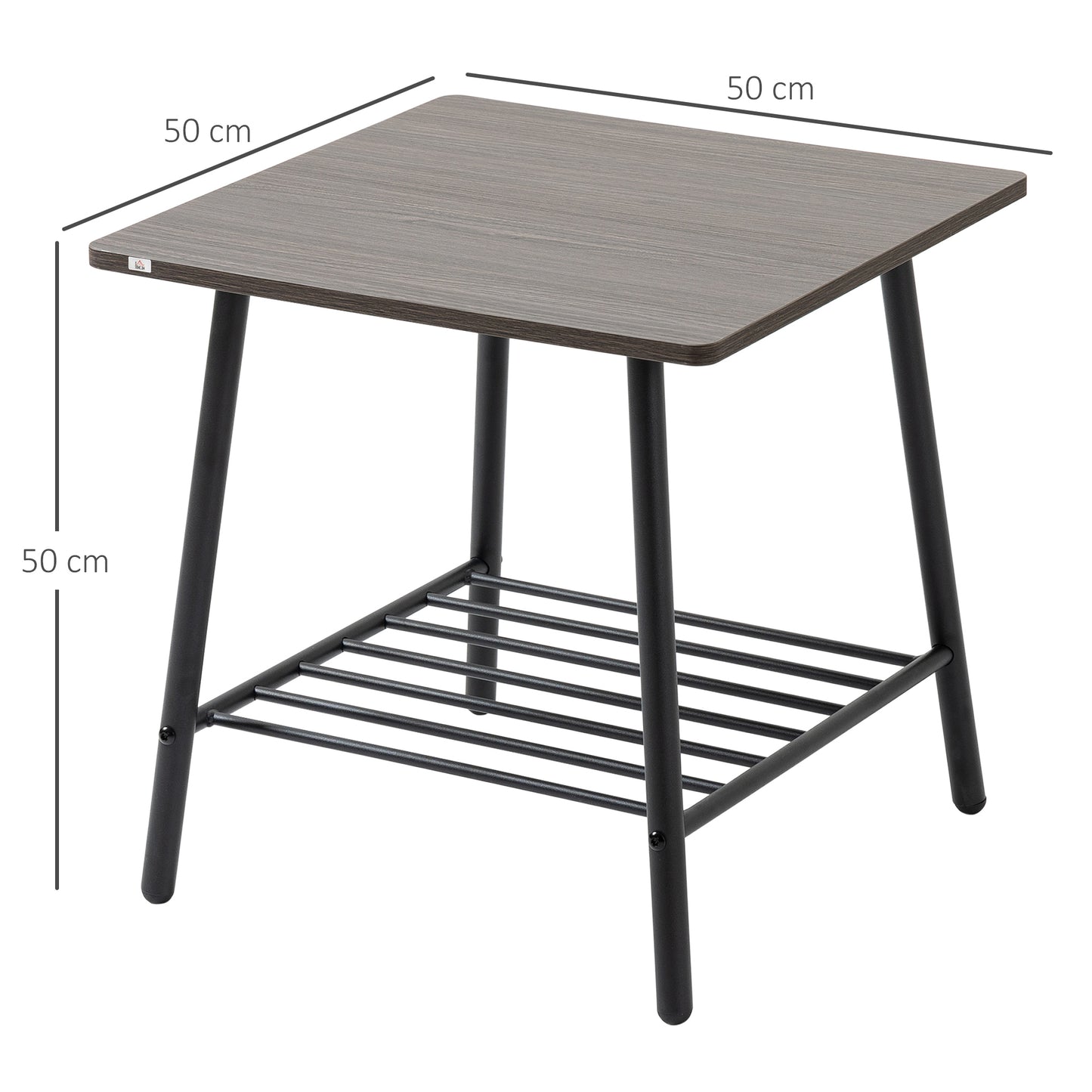 HOMCOM Mesa Auxiliar con 2 Estantes de Almacenaje Mesita de Salón para Dormitorio Estudio Oficina Estilo Industrial 50x50x50 cm Gris