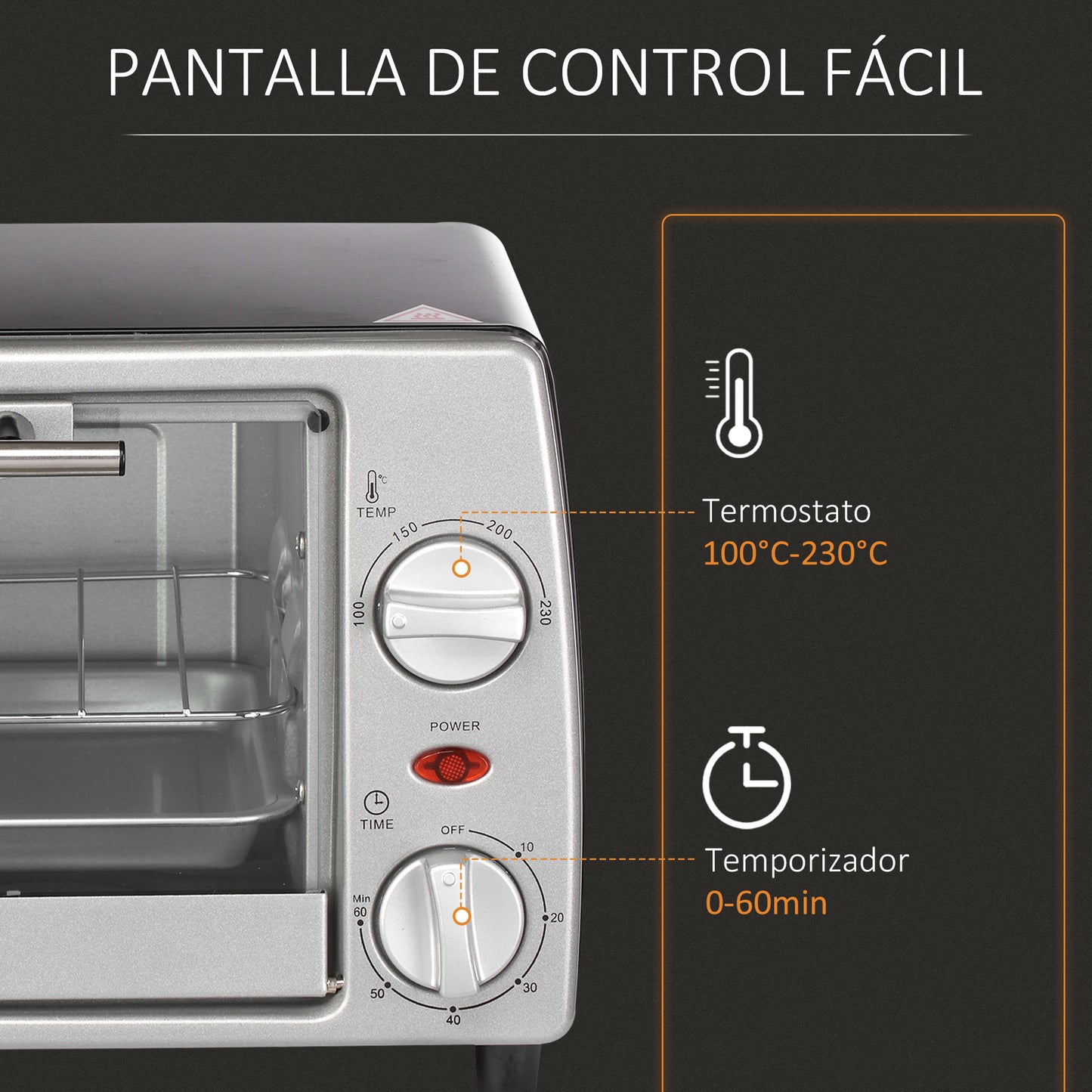 HOMCOM Horno Eléctrico Sobremesa 10 Litros 750W Horno Eléctrico Pequeño con Temperatura hasta 230 ℃ Temporizador 60 Minutos Bandeja y Rejilla 36,5x26x22 cm Plata