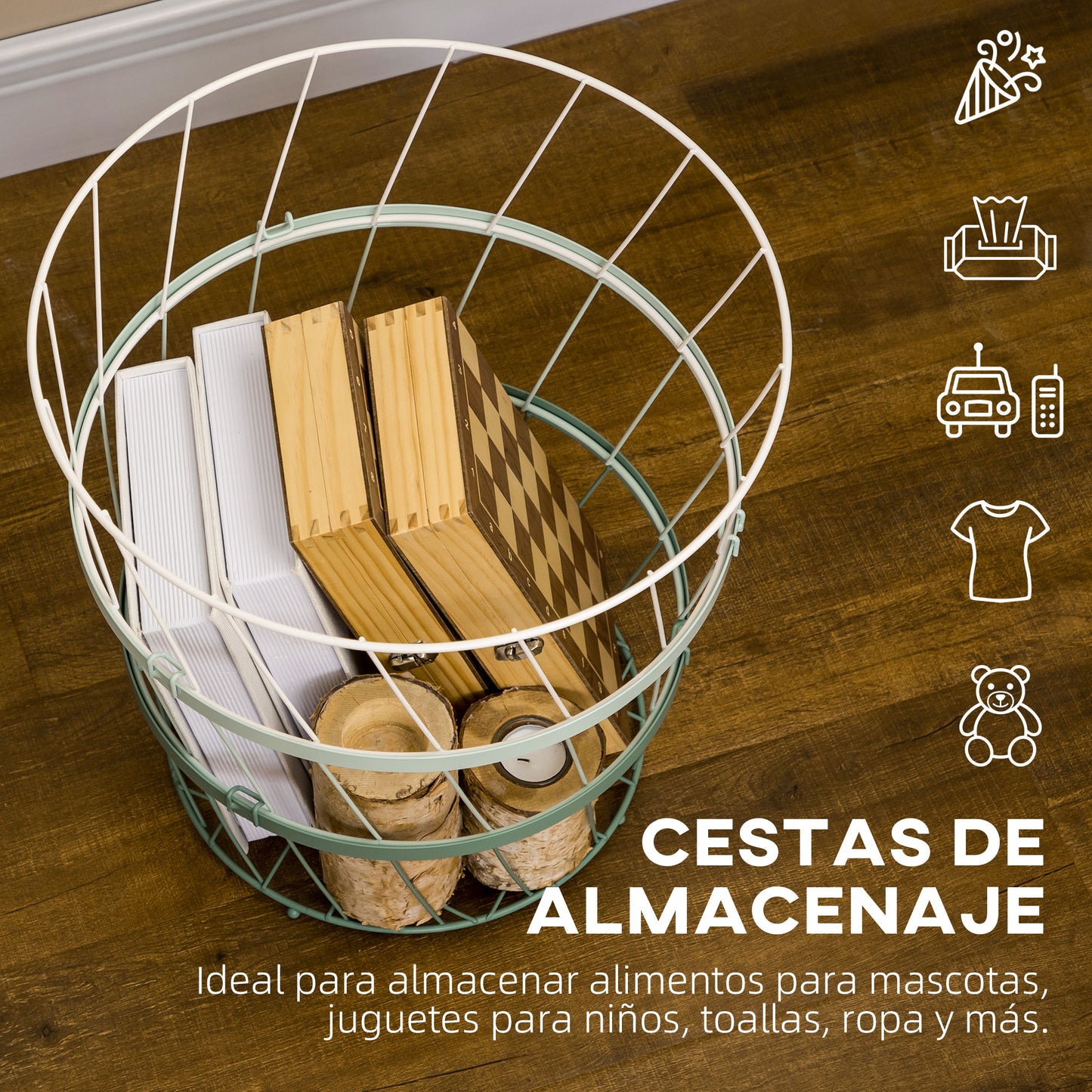 HOMCOM Mesita Auxiliar con Tapa Cesta de Alambre Apilable Cesta de Almacenamiento de Acero para Dormitorio Baño Salón Ø39,5x40,8 cm Verde