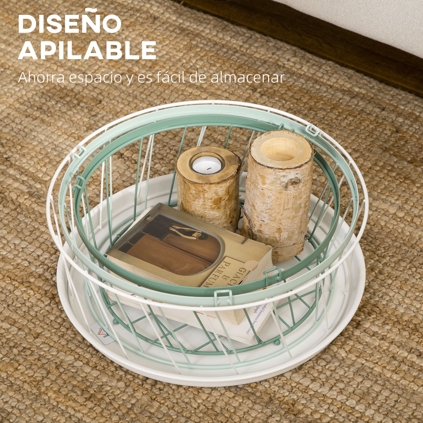 HOMCOM Mesita Auxiliar con Tapa Cesta de Alambre Apilable Cesta de Almacenamiento de Acero para Dormitorio Baño Salón Ø39,5x40,8 cm Verde