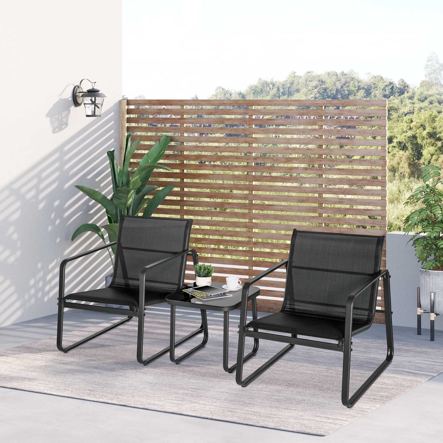 Outsunny Conjunto de Muebles de Jardín 3 Piezas Muebles de Jardín Exterior Incluye 1 Mesa de Vidrio Templado y 2 Sillas con Reposabrazos y Respaldo Transpirable para Terraza Balcón Negro