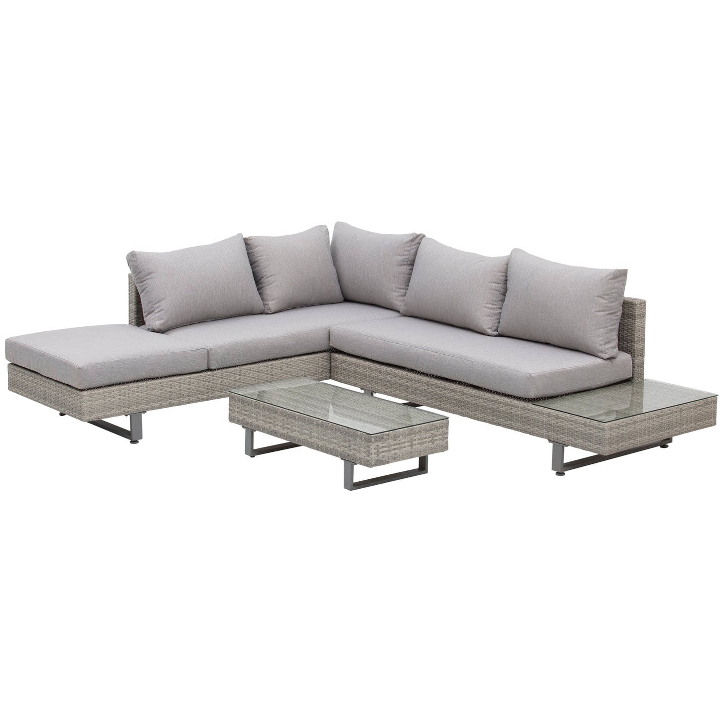 Outsunny Conjunto de Muebles Ratán de 3 Piezas Mesa de Centro Sofá Doble y Sofá de 3 Plazas con Cojines Extraíbles para Exterior Jardín Terraza Patio Acero Gris