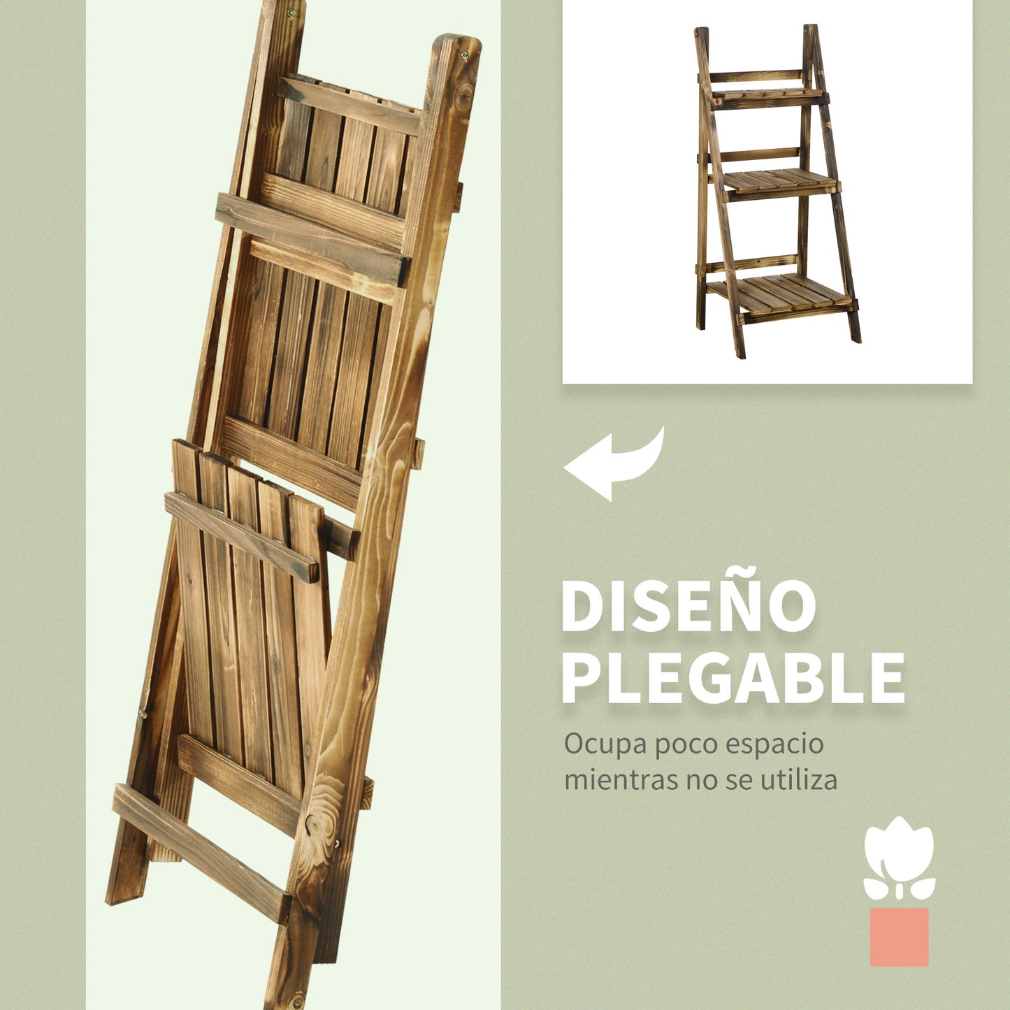 Outsunny Soporte para Plantas de Madera de 3 Niveles Estantería para Plantas Plegable Soporte para Macetas para Interior y Exterior Terreza Jardín Balcón 40x37x93 cm Natural