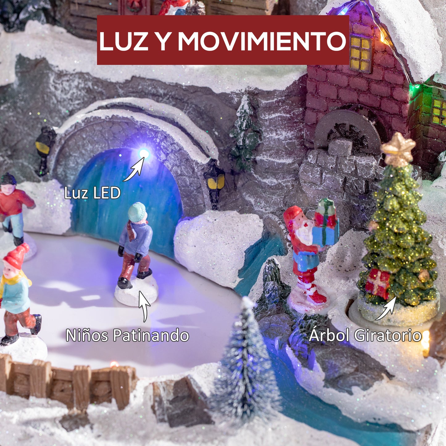 HOMCOM Pueblo Navideño Escena Navideña Iluminado con Luces LED Árbol Giratorio y Pista de Patinaje Decoración Navideña sobre Mesa 32x25,5x24 cm Multicolor