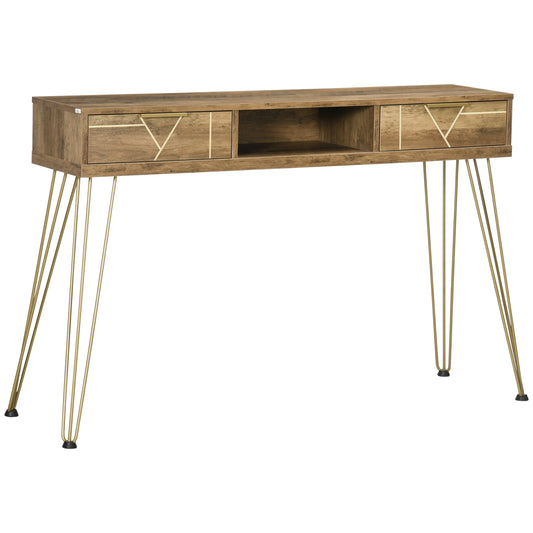 HOMCOM Mesa Consola Mueble Recibidor de Entrada con 2 Cajones Estante Abierto y Patas de Acero para Salón Pasillo Estilo Moderno 120x29x79 cm Bronce