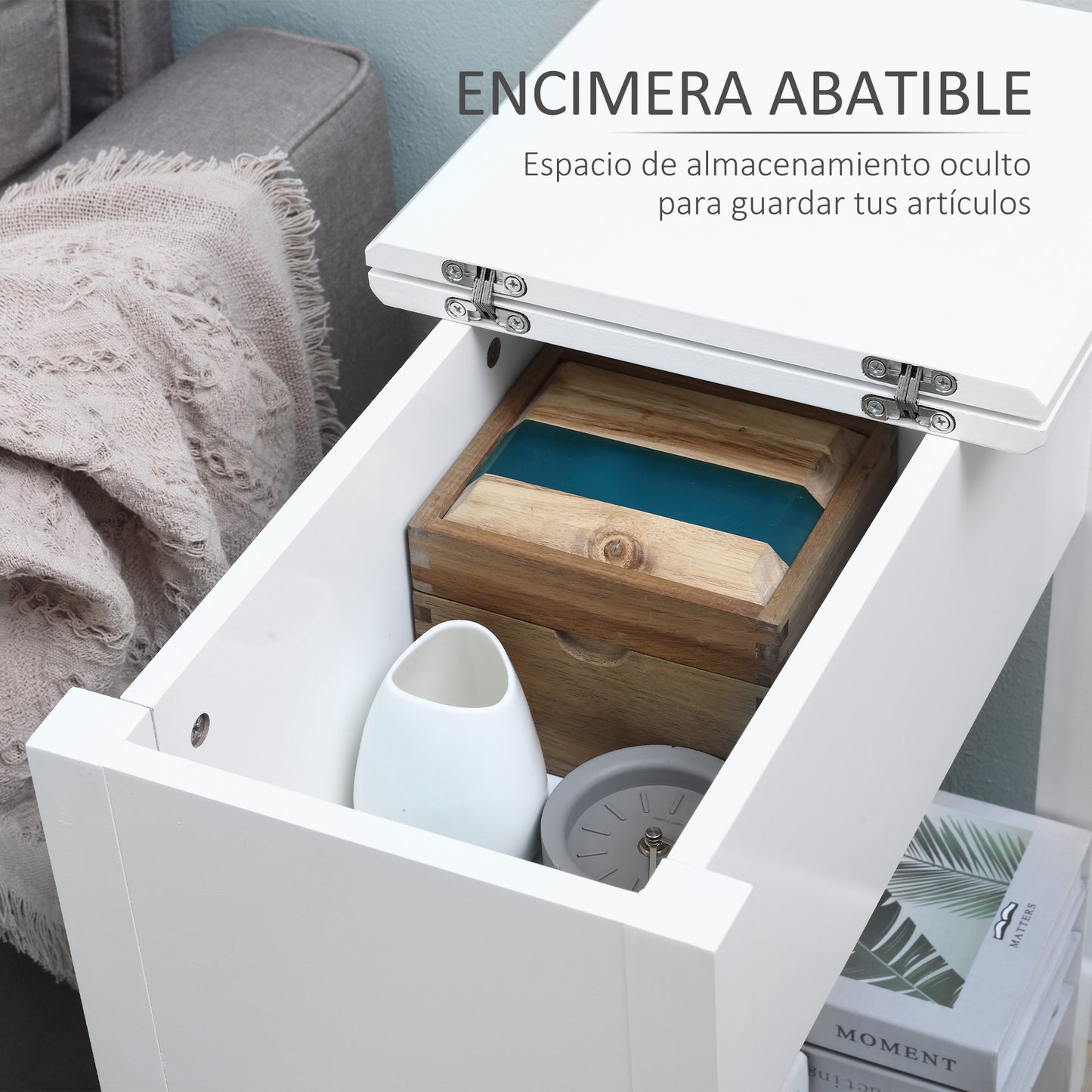 HOMCOM Mesa Auxiliar Mesita de Noche con Tapa Abatible Estante de Almacenamiento y Orificio de Cable Oculto para Salón Cama Dormitorio 60,5x32,5x70 cm Blanco