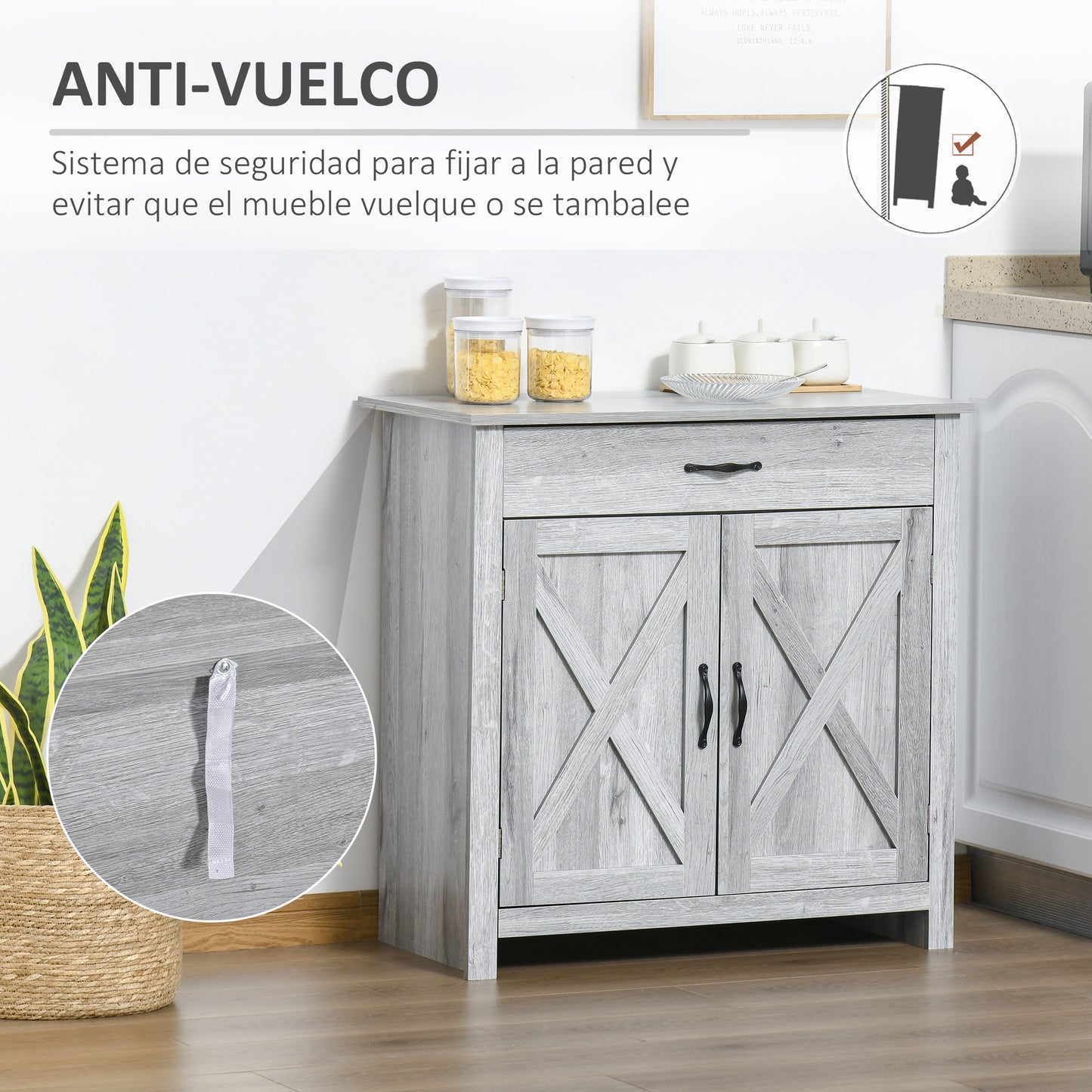 HOMCOM Aparador de Cocina Buffet para Salón con 1 Cajón 2 Puertas y Estante Interior Ajustable Mueble Auxiliar Decorativo para Comedor 80x39,7x80 cm Gris