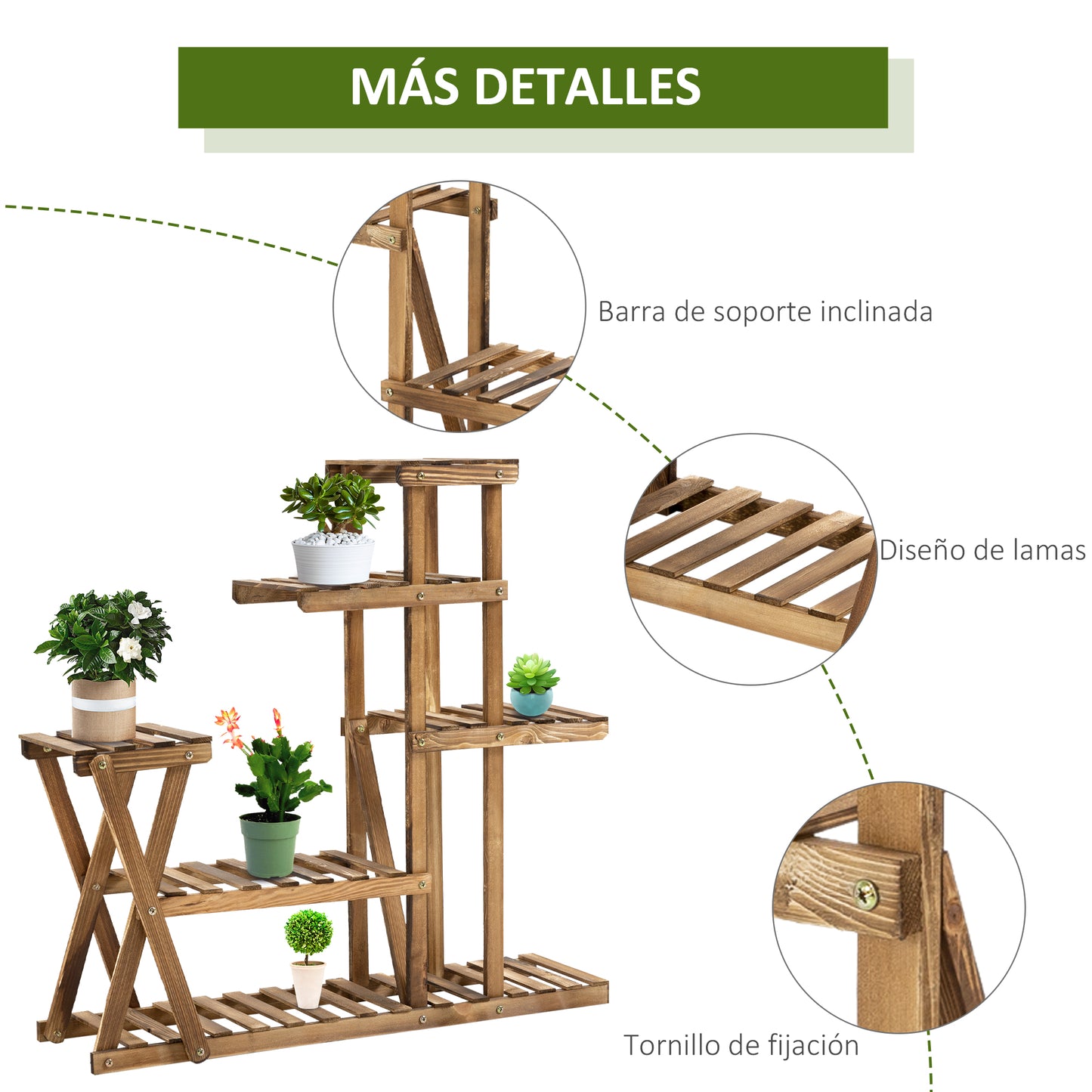 Outsunny Soporte para Plantas Estantería para Plantas con Pies de Madera Estantería para Flores con 5 Niveles Carga 60 kg para Interior y Exterior Terreza Jardín Balcón 98x28x95 cm Carbonizado