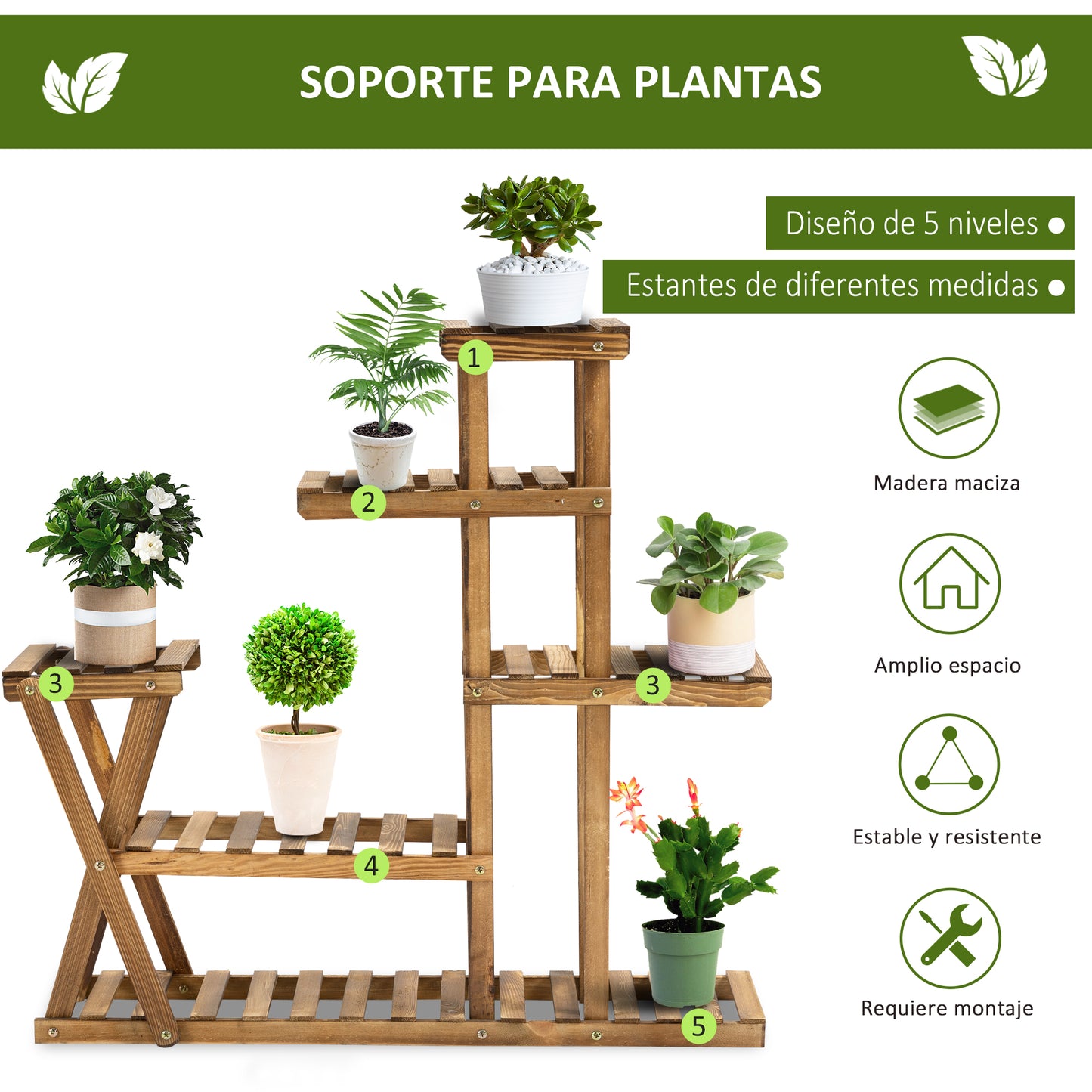 Outsunny Soporte para Plantas Estantería para Plantas con Pies de Madera Estantería para Flores con 5 Niveles Carga 60 kg para Interior y Exterior Terreza Jardín Balcón 98x28x95 cm Carbonizado