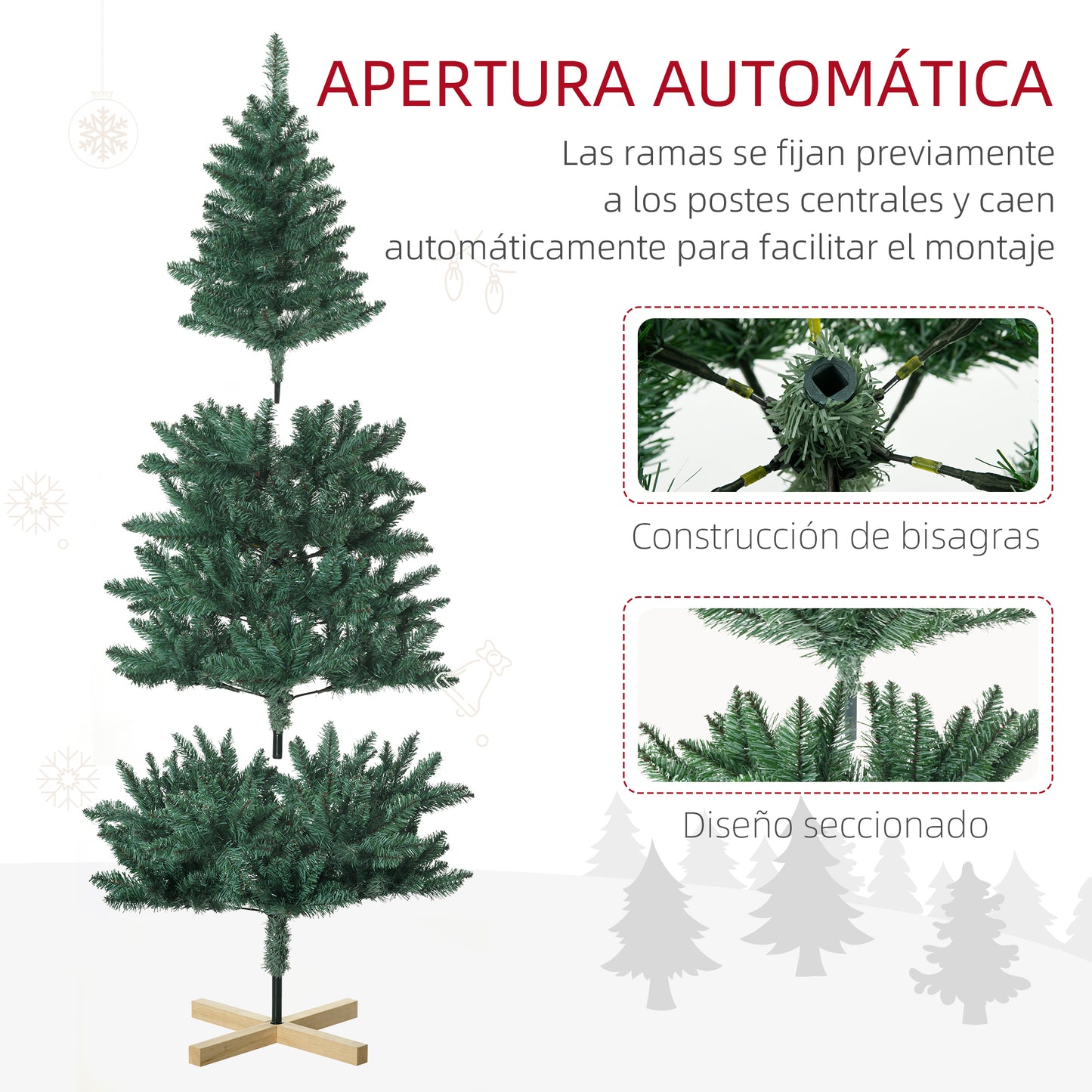 HOMCOM Árbol de Navidad Artificial 180 cm Árbol de Navidad Frondoso con 536 Ramas Apertura Automática y Base Cruzad de Madera Decoración para Interiores Ø90x180 cm Verde