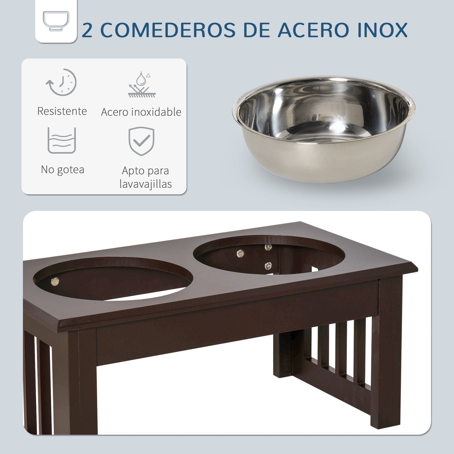 PawHut Comedero Elevado para Perros con Soporte y 2 Cuencos Extraíbles de Acero Inoxidable Alimentador para Mascotas Alimento y Agua 44x24x15 cm Marrón