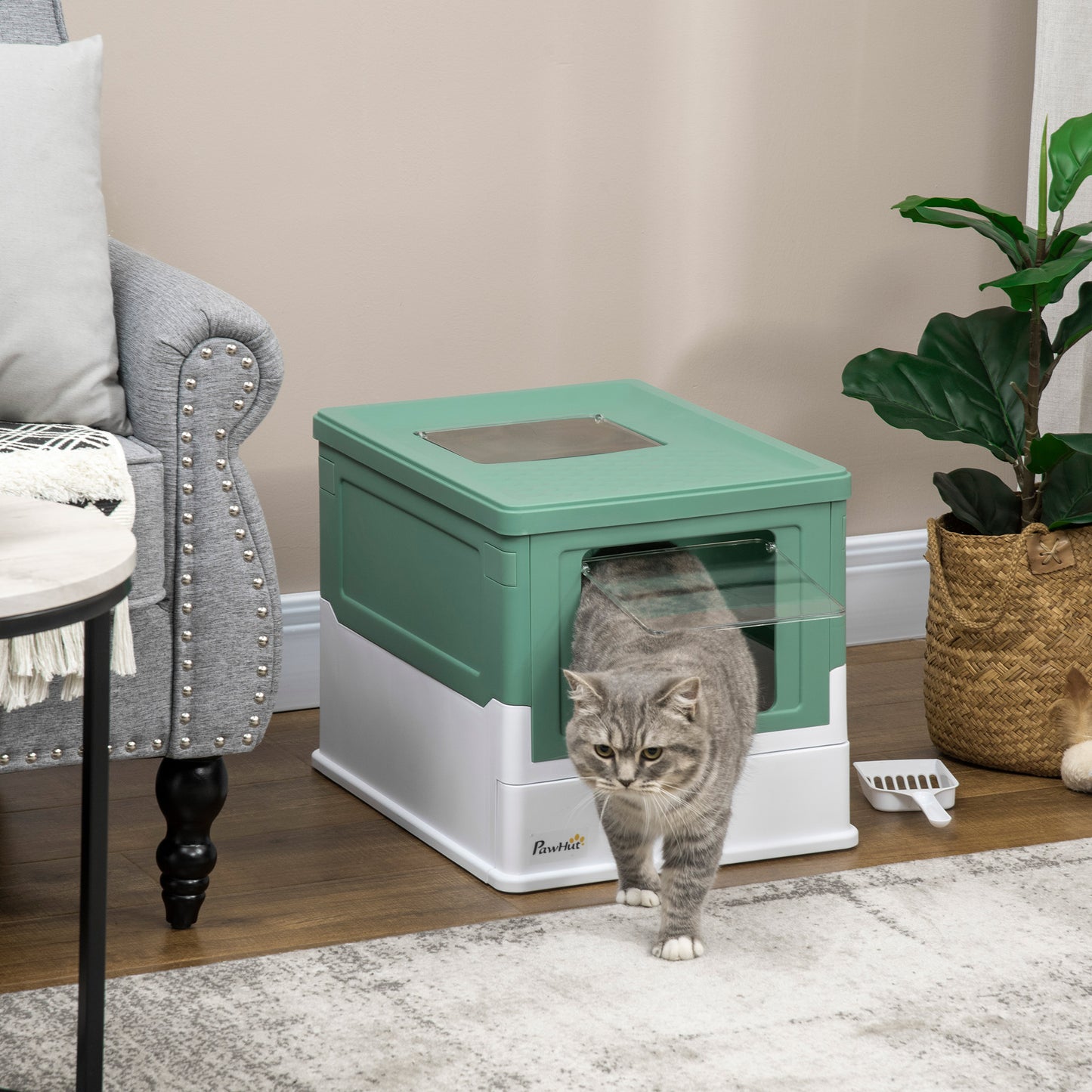 PawHut Caja de Arena Plegable para Gatos Arenero Cerrado para Gatos con Cubierta Desmontable Bandeja Extraíble Techo Abatible Puerta de Entrada y Pala 47,5x35,5x36,7 cm Verde