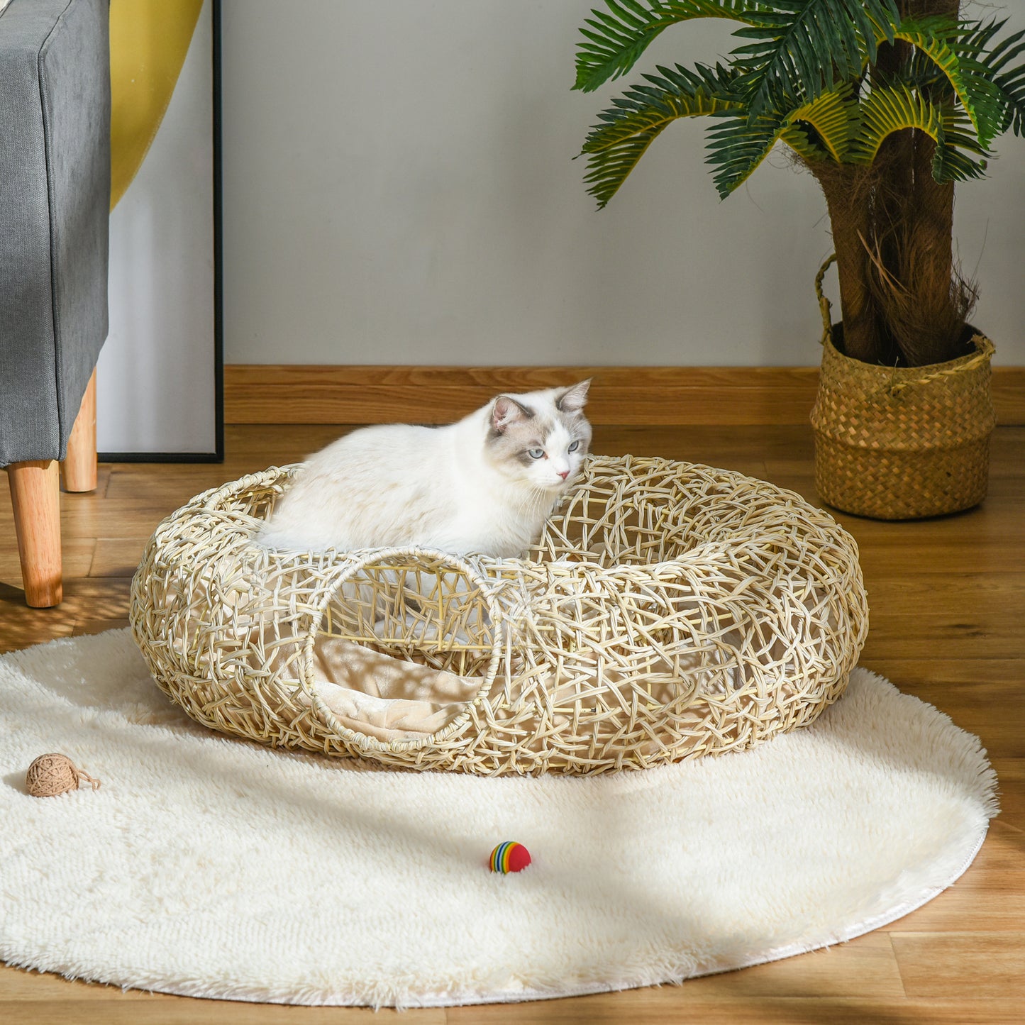 PawHut Cama para Gatos de Ratán 78x69x22 cm Cesta para Gatos Rolliza con Cojín Suave 3 Orificios de Acceso Túnel para Gatos Madera Natural