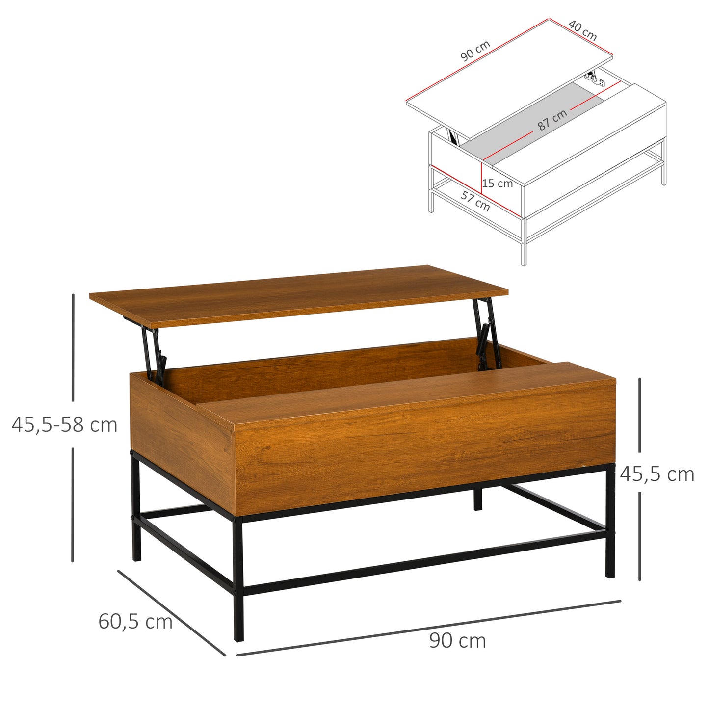 HOMCOM Mesa de Centro Elevable Mesita de Comedor Mesa de Café Versátil con Almacenaje Oculto Patas de Metal para Salón Comedor 90x60,5x45,5 cm Teca