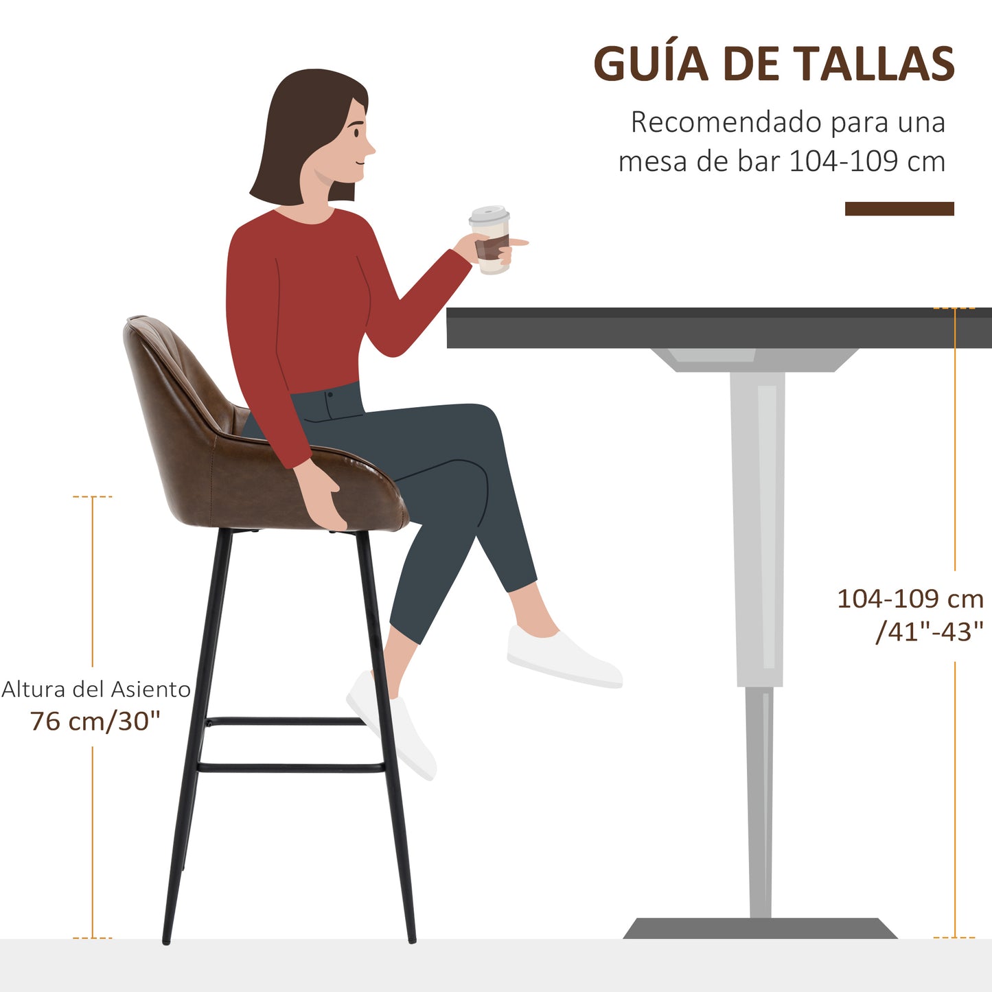 HOMCOM Juego de 2 Taburetes Altos de Cocina Taburetes de Bar Tapizado en PU con Respaldo Alto Patas de Acero y Reposapiés para Comedor Carga 120 kg 50x47,5x102,5 cm Marrón