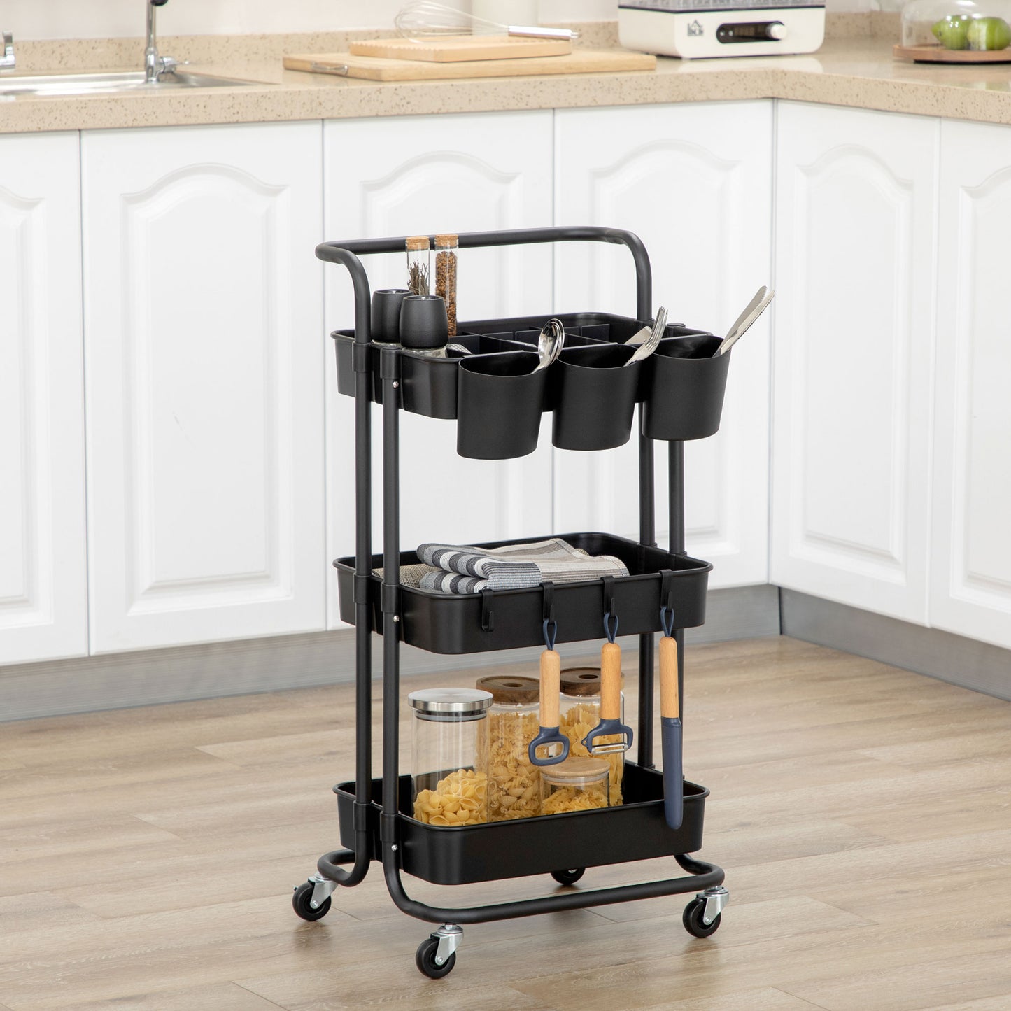 HOMCOM Carrito Auxiliar con Ruedas Carrito de Cocina con 4 Ganchos Asa 3 Cestas Extraíbles 3 Cajas Colgantes y Frenos para Baño Salón Dormitorio 42x38x86,5 cm Negro