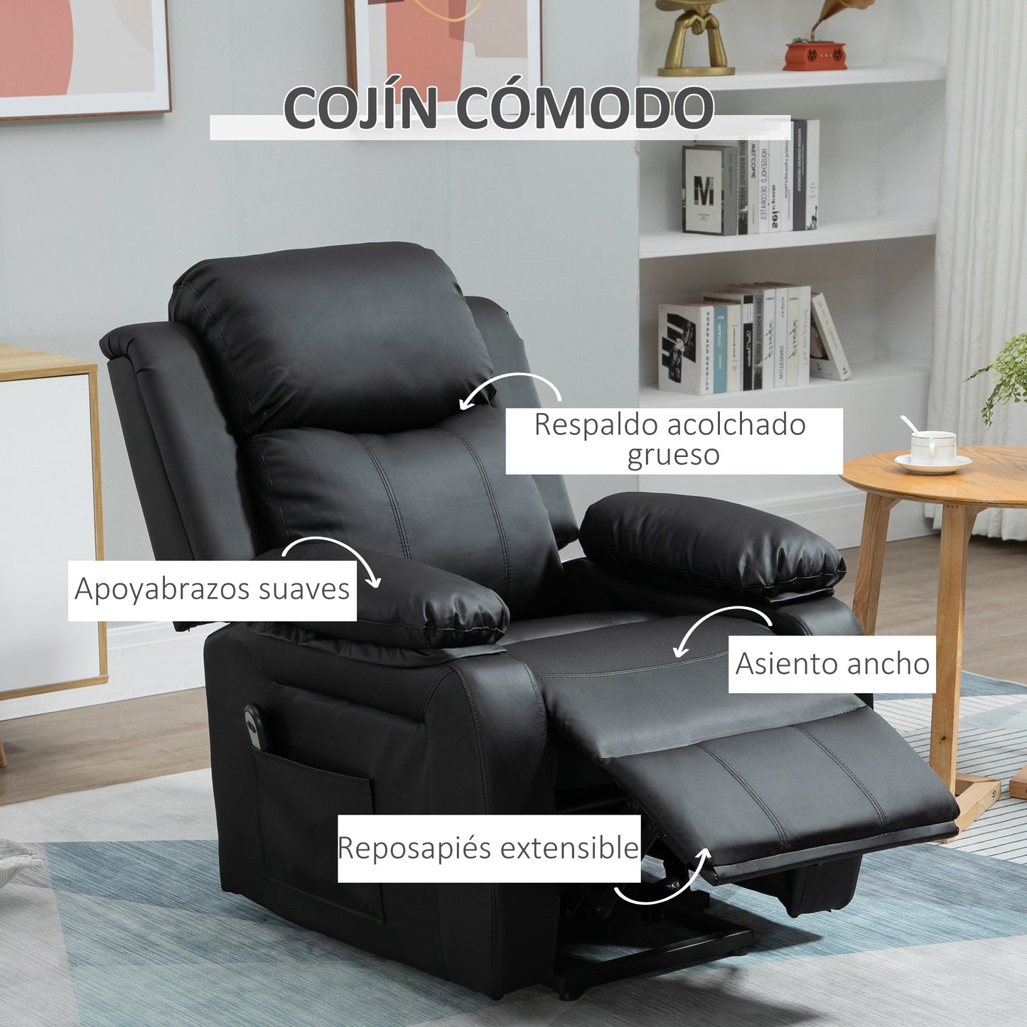 HOMCOM Sillón Relax Levanta Personas Sillón Elevador con Control Remoto Reclinación Eléctrica 160° Reposapiés Tapizado en PU y Bolsillos Laterales 76x90x105 cm Negro