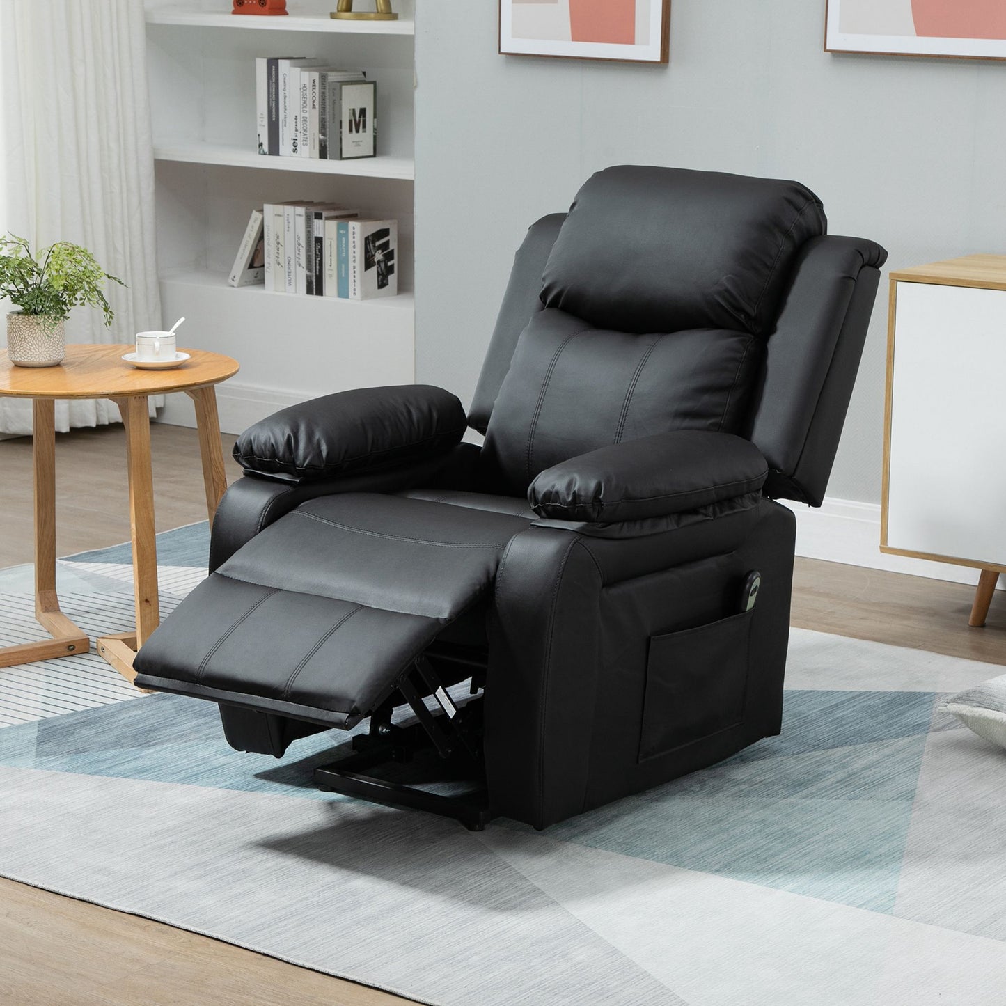 HOMCOM Sillón Relax Levanta Personas Sillón Elevador con Control Remoto Reclinación Eléctrica 160° Reposapiés Tapizado en PU y Bolsillos Laterales 76x90x105 cm Negro