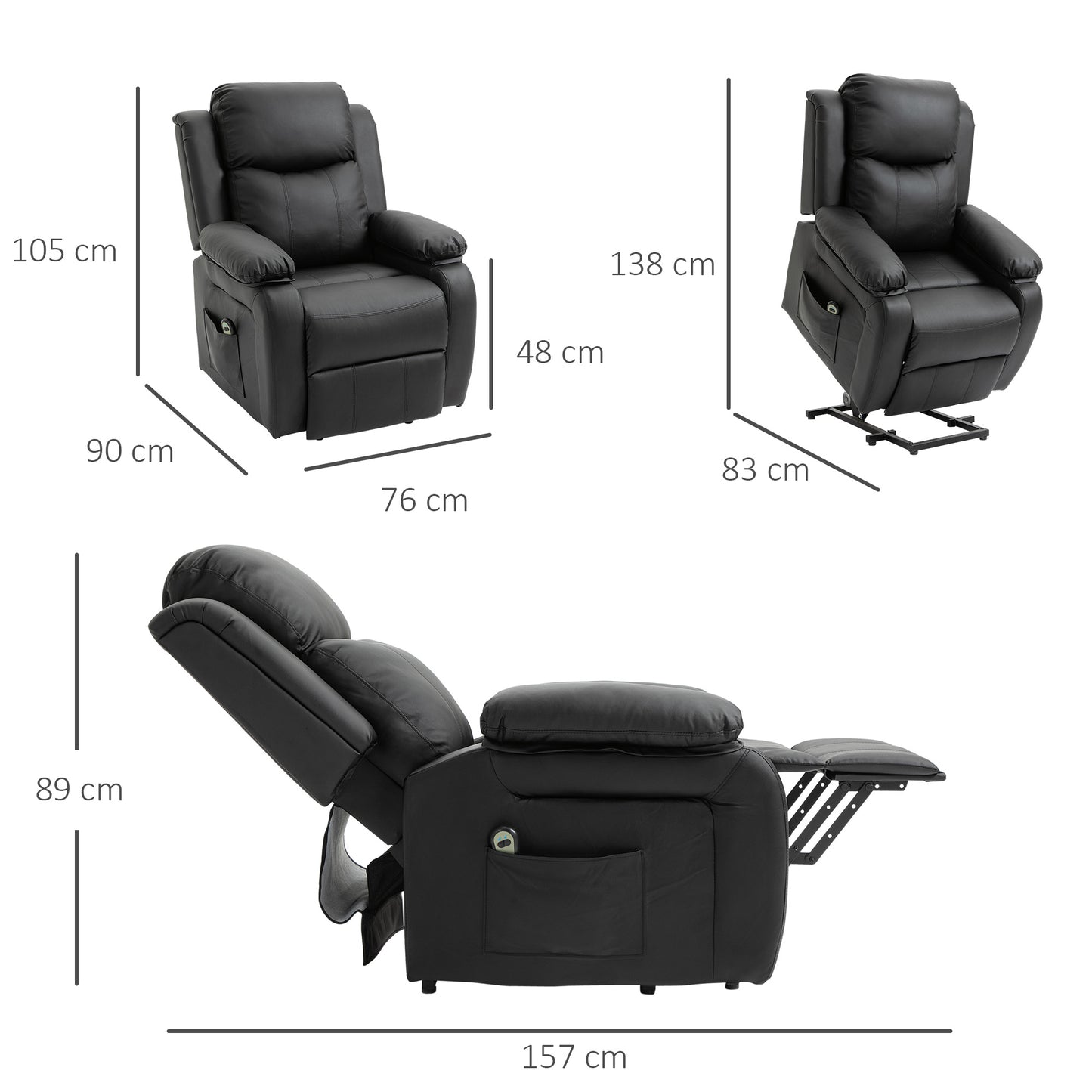 HOMCOM Sillón Relax Levanta Personas Sillón Elevador con Control Remoto Reclinación Eléctrica 160° Reposapiés Tapizado en PU y Bolsillos Laterales 76x90x105 cm Negro