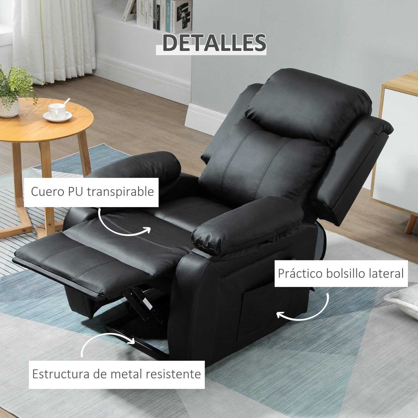 HOMCOM Sillón Relax Levanta Personas Sillón Elevador con Control Remoto Reclinación Eléctrica 160° Reposapiés Tapizado en PU y Bolsillos Laterales 76x90x105 cm Negro