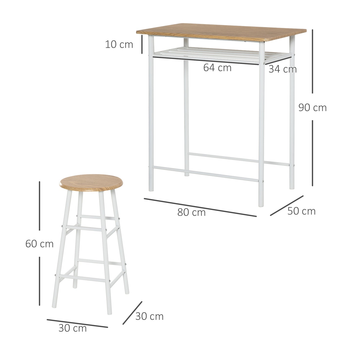 HOMCOM Juego de Mueble de Bar Set de Mesa Alta y 2 Taburetes con Estante de Almacenamiento y Marco de Metal para Cocina Comedor 80x50x90 cm Blanco